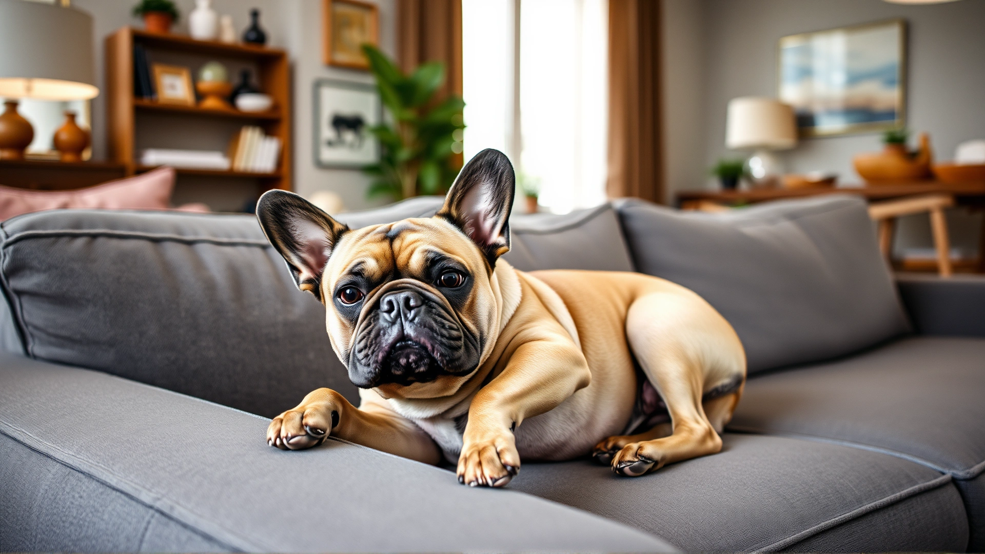 French Bulldog lounging comfortably on a stylish gray sofa in a well-lit modern living room, cozy atmosphere.