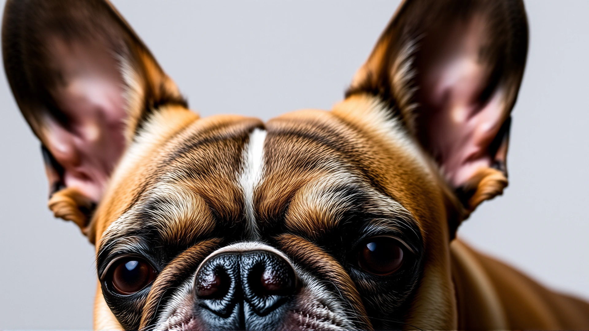 Close-up portrait of a French Bulldog highlighting its bat ears and facial wrinkles against a neutral background.