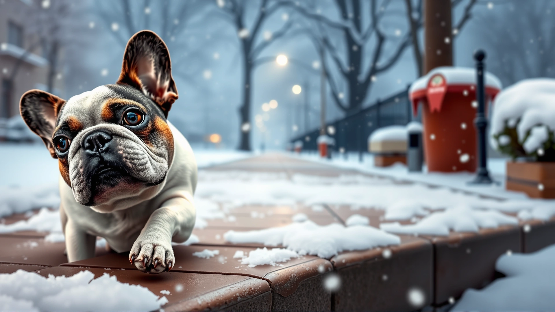 French Bulldog lifting its paw on a snow-covered sidewalk while snowflakes fall