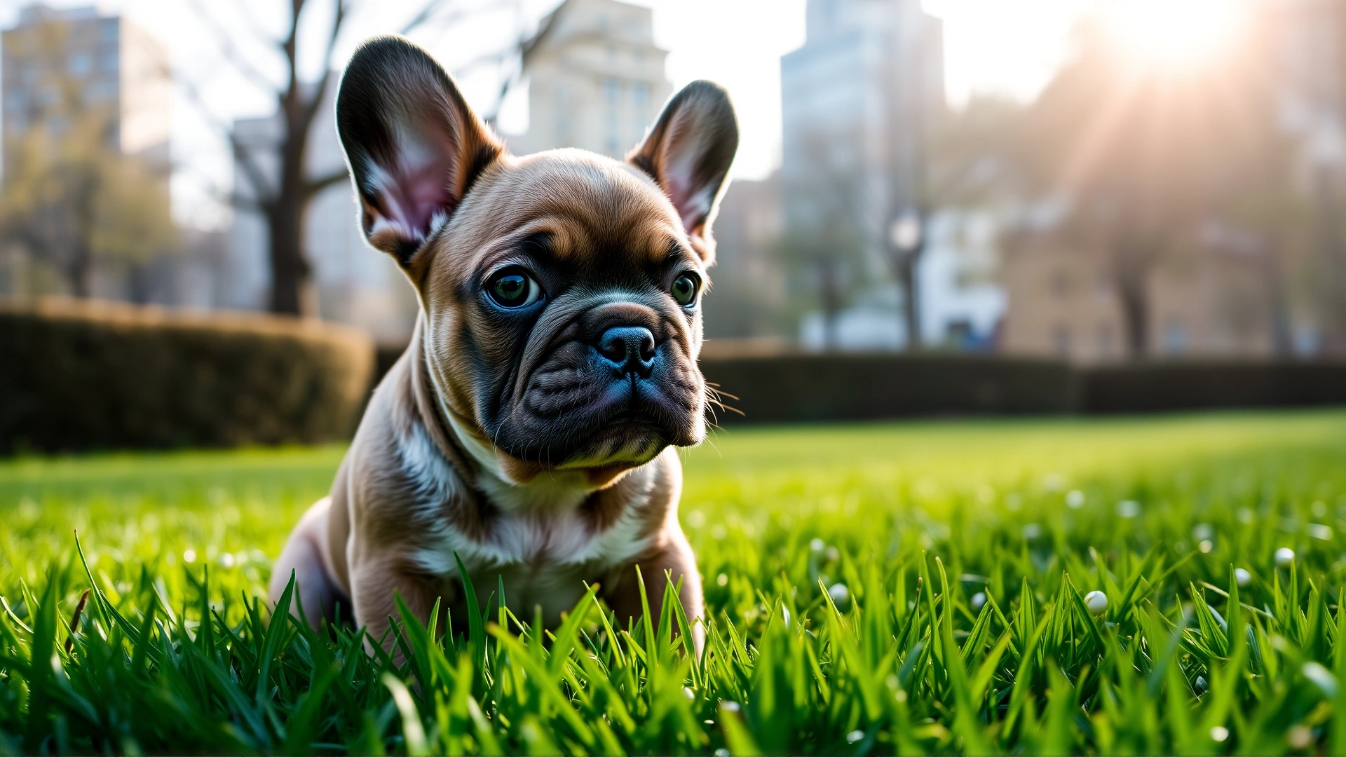 French Bulldog puppy sitting on lush green grass in a city park, soft morning sunlight highlighting its face.