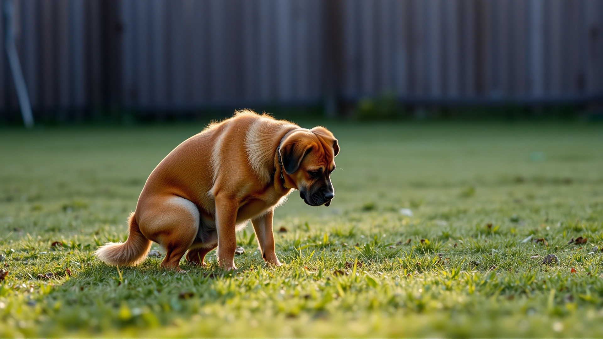 A dog in a backyard mid-squat urinating on grass, early morning light, slightly blurred background for privacy