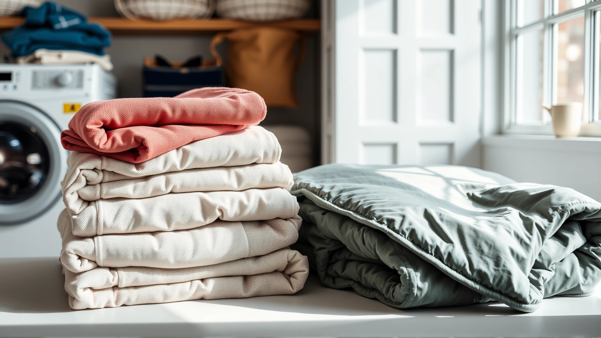 Stack of fresh waterproof dog blankets and bed covers neatly folded in a bright laundry room.
