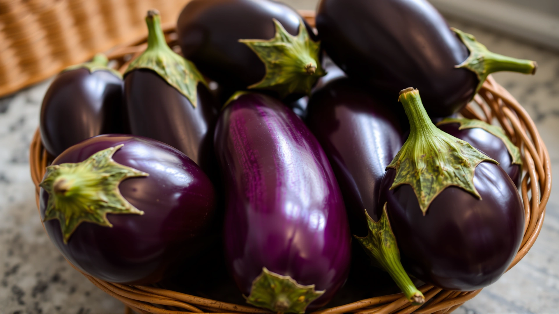 Close-up of several shiny fresh eggplants in a woven basket placed on a farmhouse countertop.