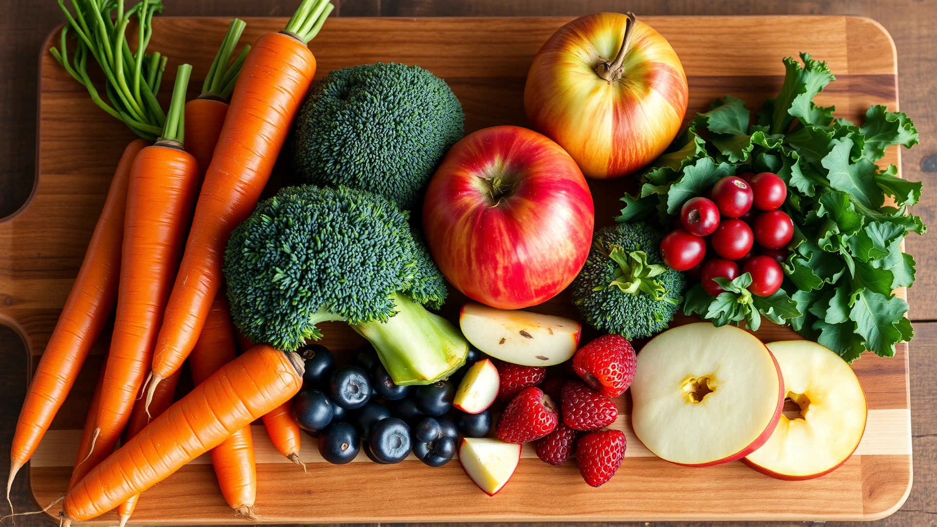 Colorful arrangement of parrot-safe fresh fruits and vegetables (carrots, broccoli, apple slices, berries) on a rustic wooden cutting board