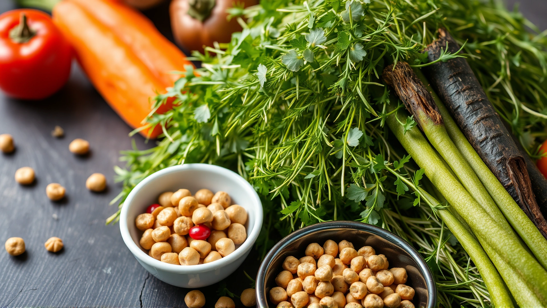 Arrangement of fresh Timothy hay, vitamin C-rich vegetables, and fortified pellets in small bowls