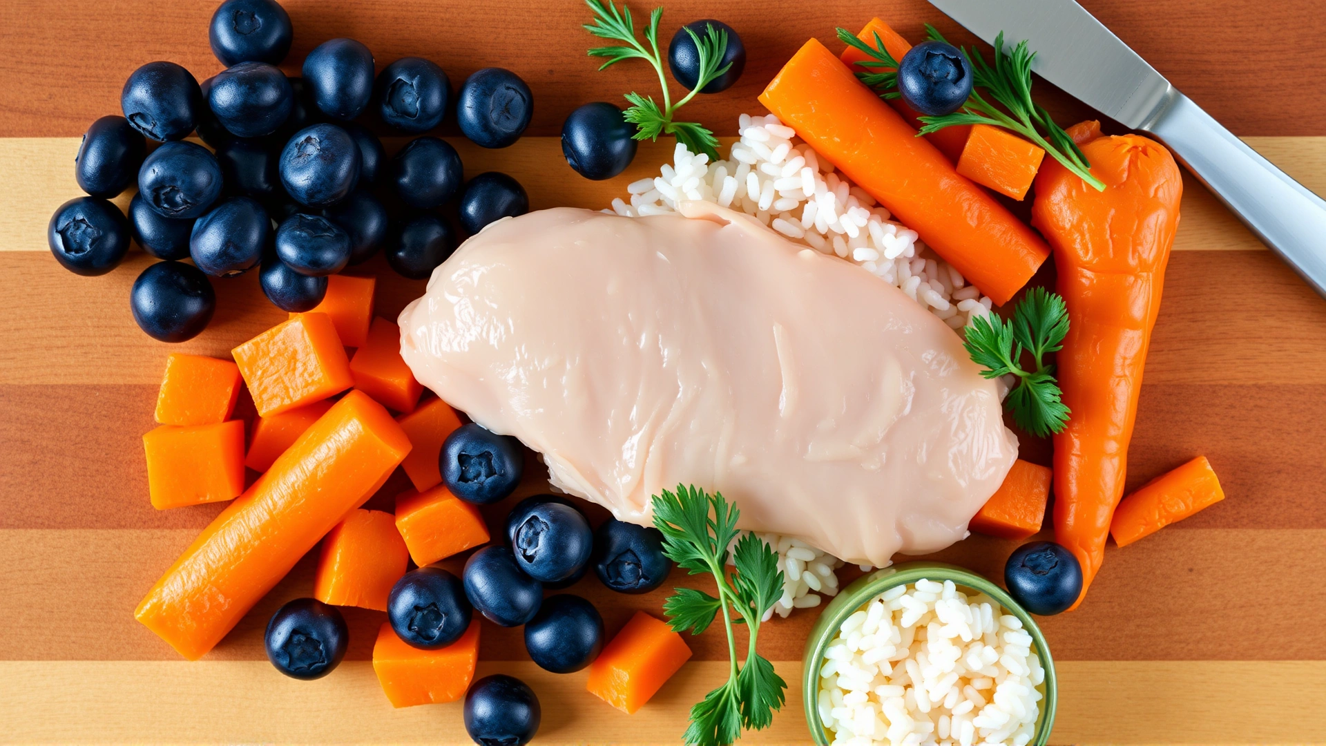 Top-down flat lay of fresh dog-friendly ingredients like skinless chicken breast, cooked white rice, diced carrots, and blueberries arranged on a wooden cutting board.