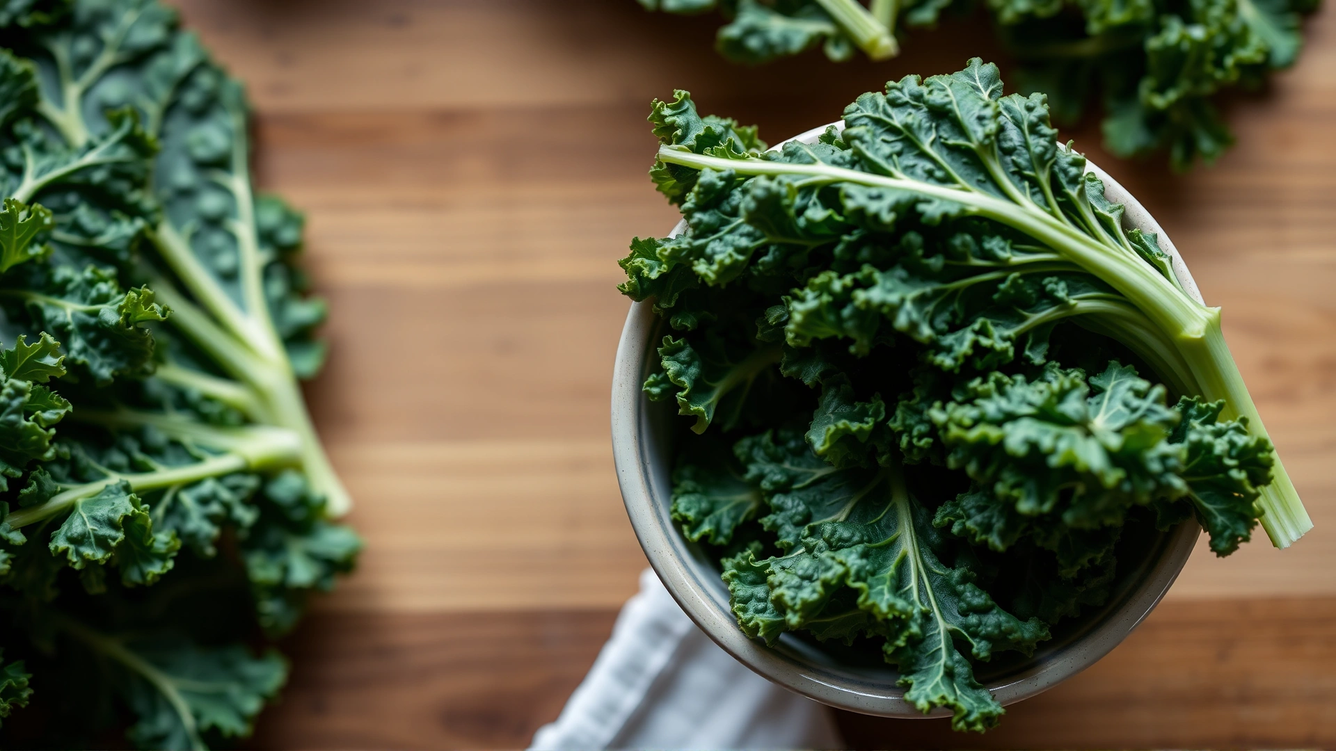 Close-up overhead shot of freshly washed kale leaves in a ceramic bowl on a wooden countertop, vibrant green color, no text