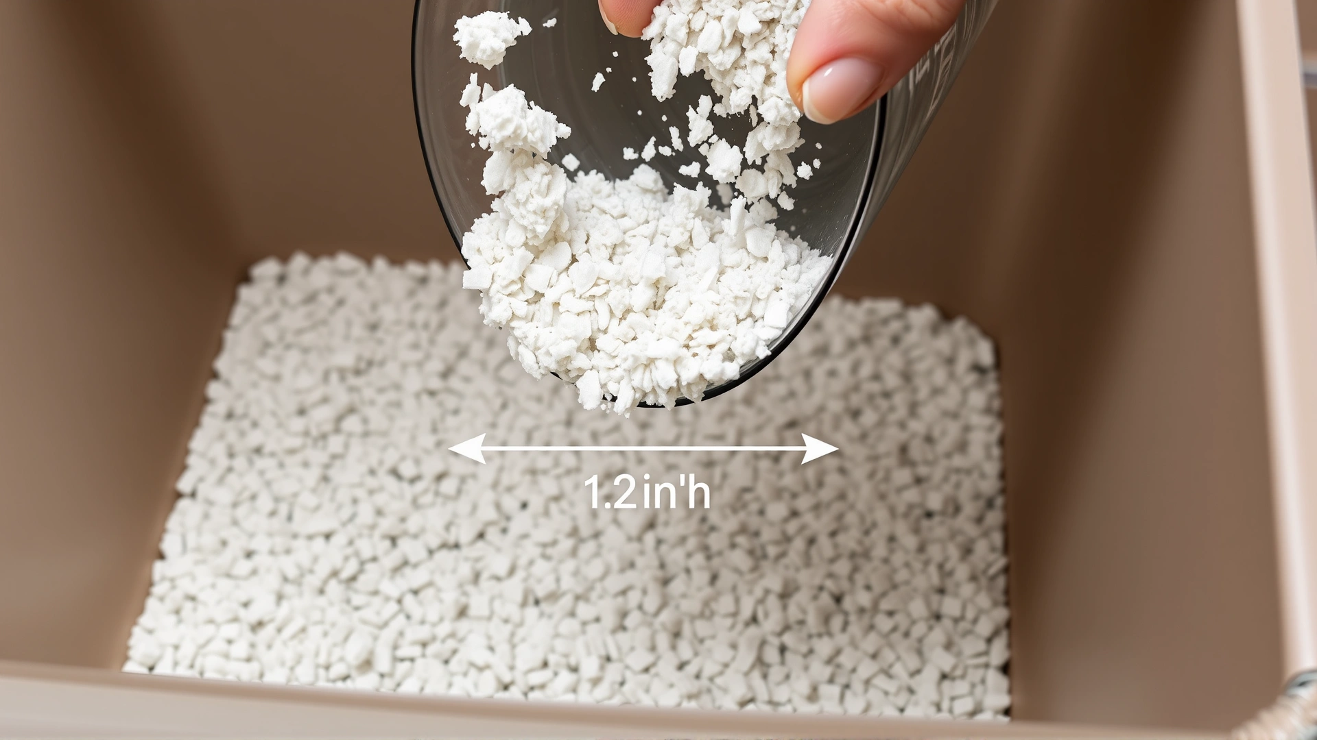 Pouring fresh clumping litter into a clean box, clearly showing a 2-inch depth