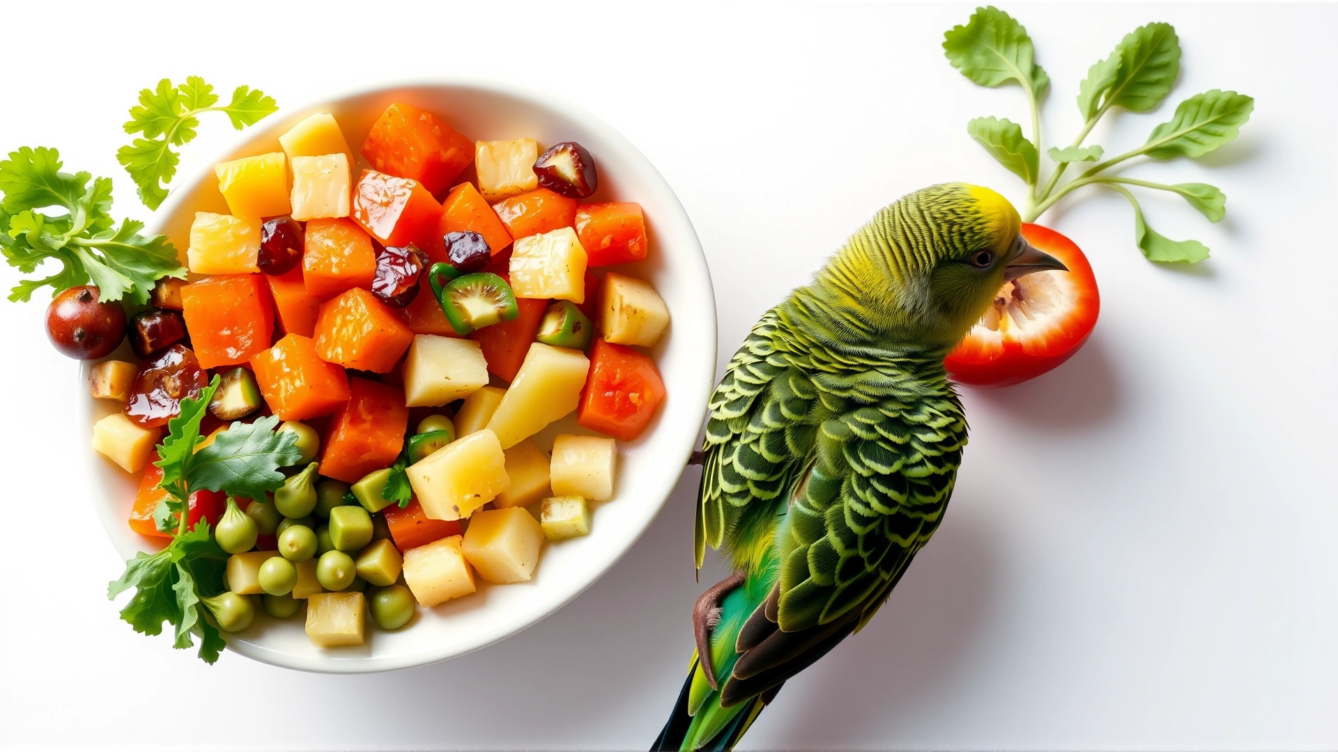 Assortment of chopped fruits and leafy greens arranged in a shallow dish next to a small parakeet, white background, studio lighting