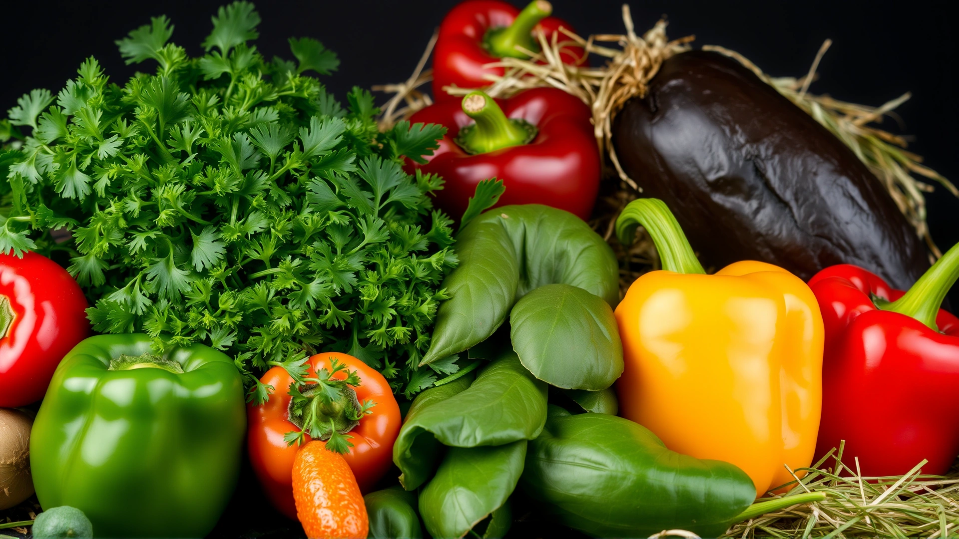 Vibrant assortment of guinea pig-safe vegetables such as bell peppers, parsley, and spinach arranged next to a pile of timothy hay.