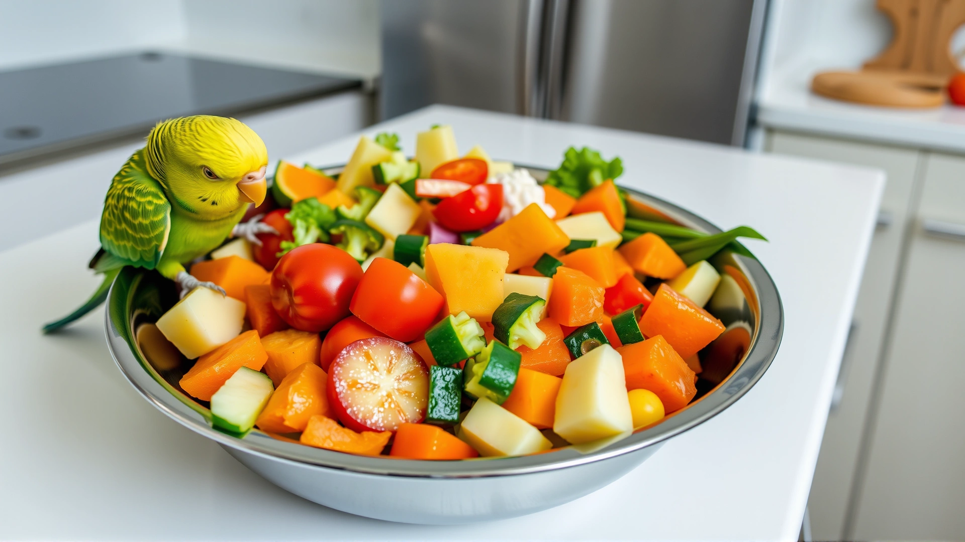Assorted fresh vegetables and fruits cut into bird-sized pieces in a stainless steel bowl on a white kitchen countertop, ready to serve to a parakeet.