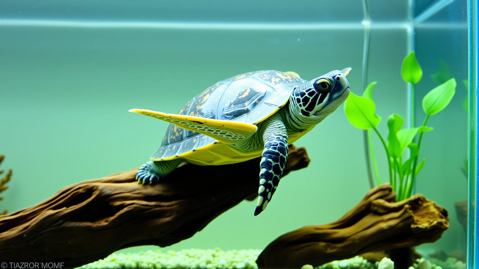 Freshwater turtle swimming in a clean home aquarium with driftwood and aquatic plants, side view, crystal clear water.