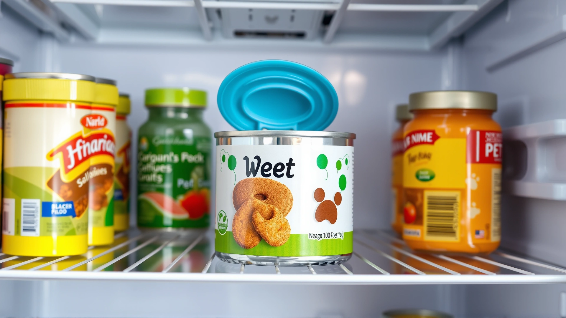An opened can of wet pet food covered with a colorful silicone lid, placed on an interior refrigerator shelf among other food items.