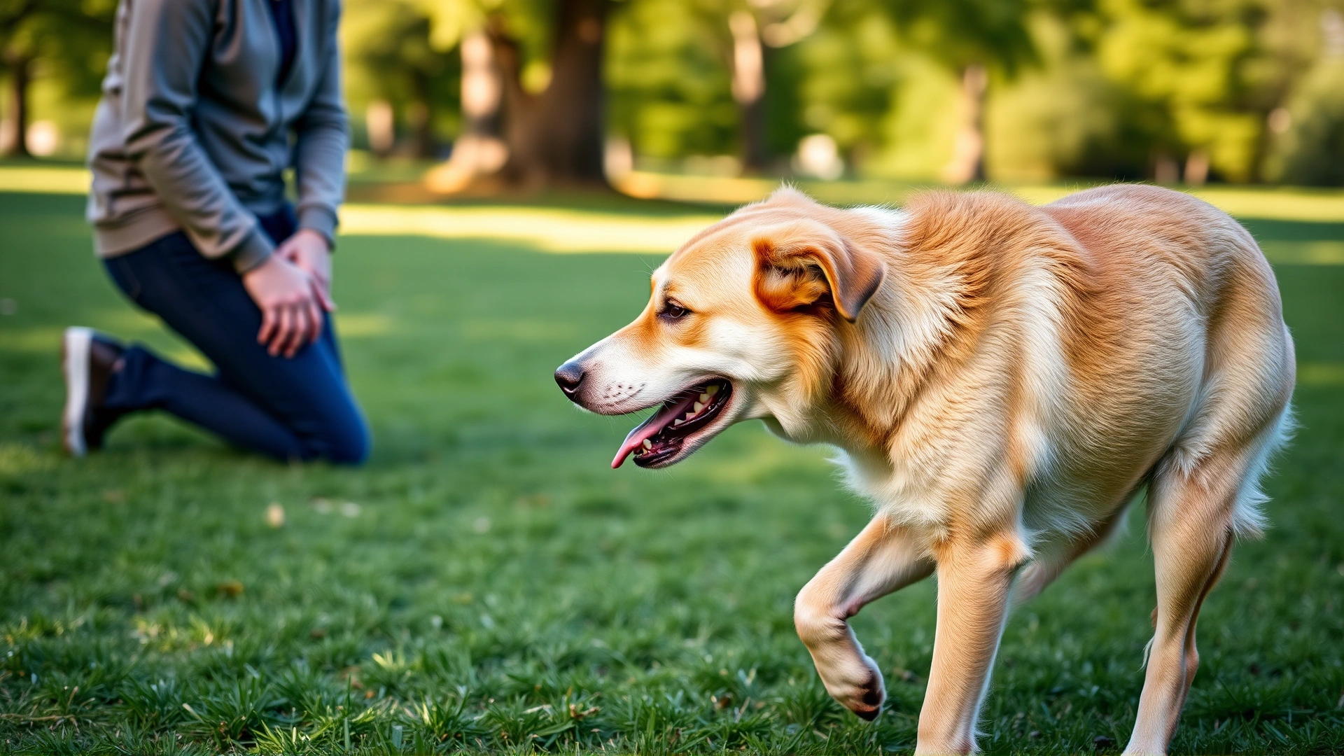 Side view of a relaxed mixed-breed dog walking cautiously but happily toward a kneeling person in a green park