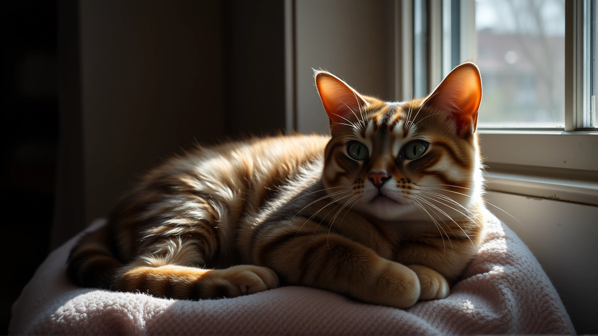 Senior domestic cat comfortably resting on a soft blanket near a sunny window in a cozy home environment.