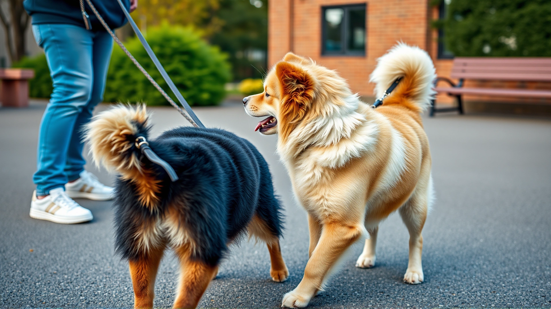Wide-angle shot of two medium-sized dogs greeting each other in a neutral outdoor setting, tails wagging, owners holding loose leashes.