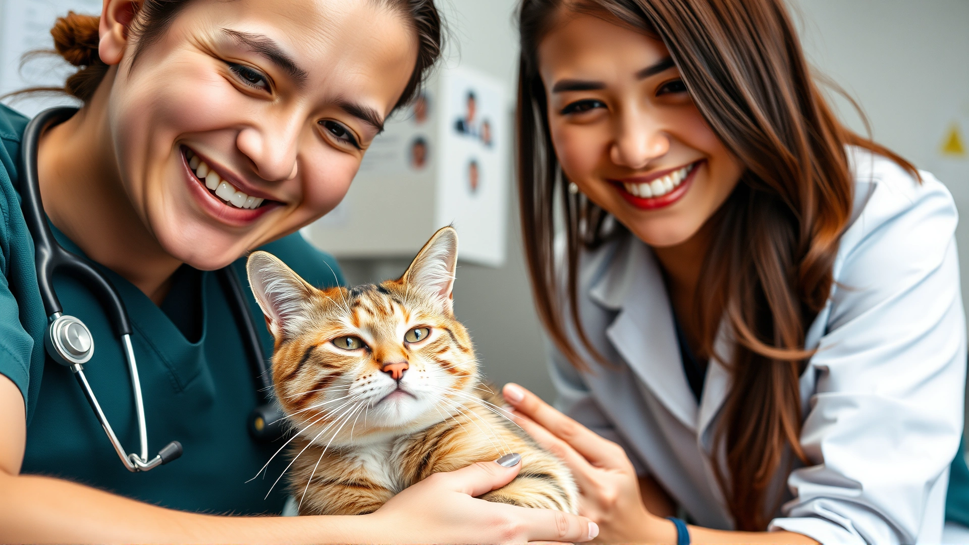 Close-up photo of a veterinarian and a veterinary nurse smiling while petting a relaxed cat on the examination table.