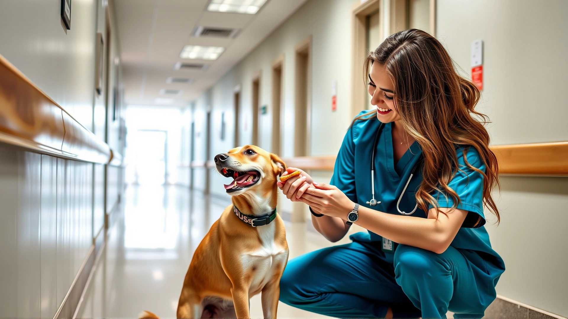 Veterinary nurse kneeling in clinic hallway giving a treat to a wagging dog, no medical equipment visible; depicts friendly vet visit.