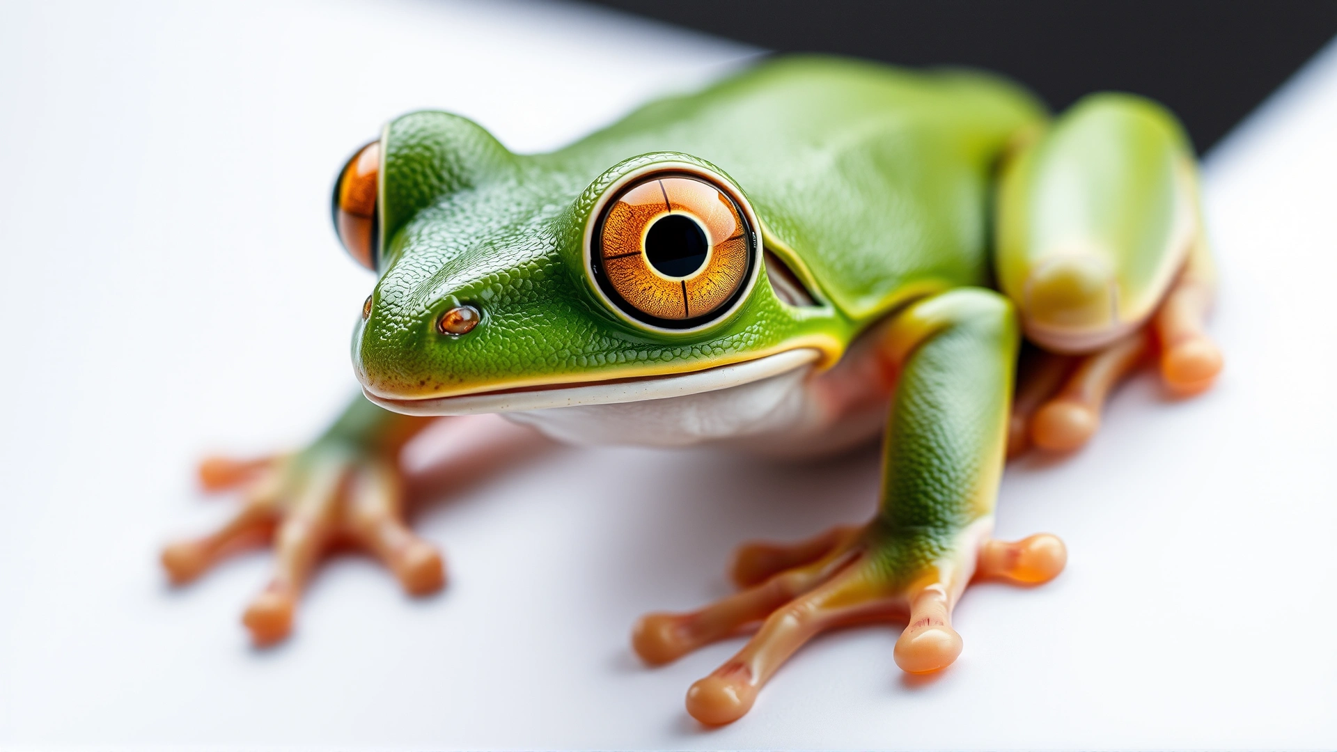 Macro shot of a green tree frog highlighting its golden eyes and toe pads on a clean white background