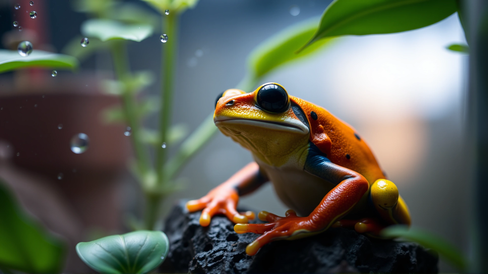 Macro shot of a colorful pacman frog sitting in a humid, planted terrarium with visible mist droplets on the glass; no text