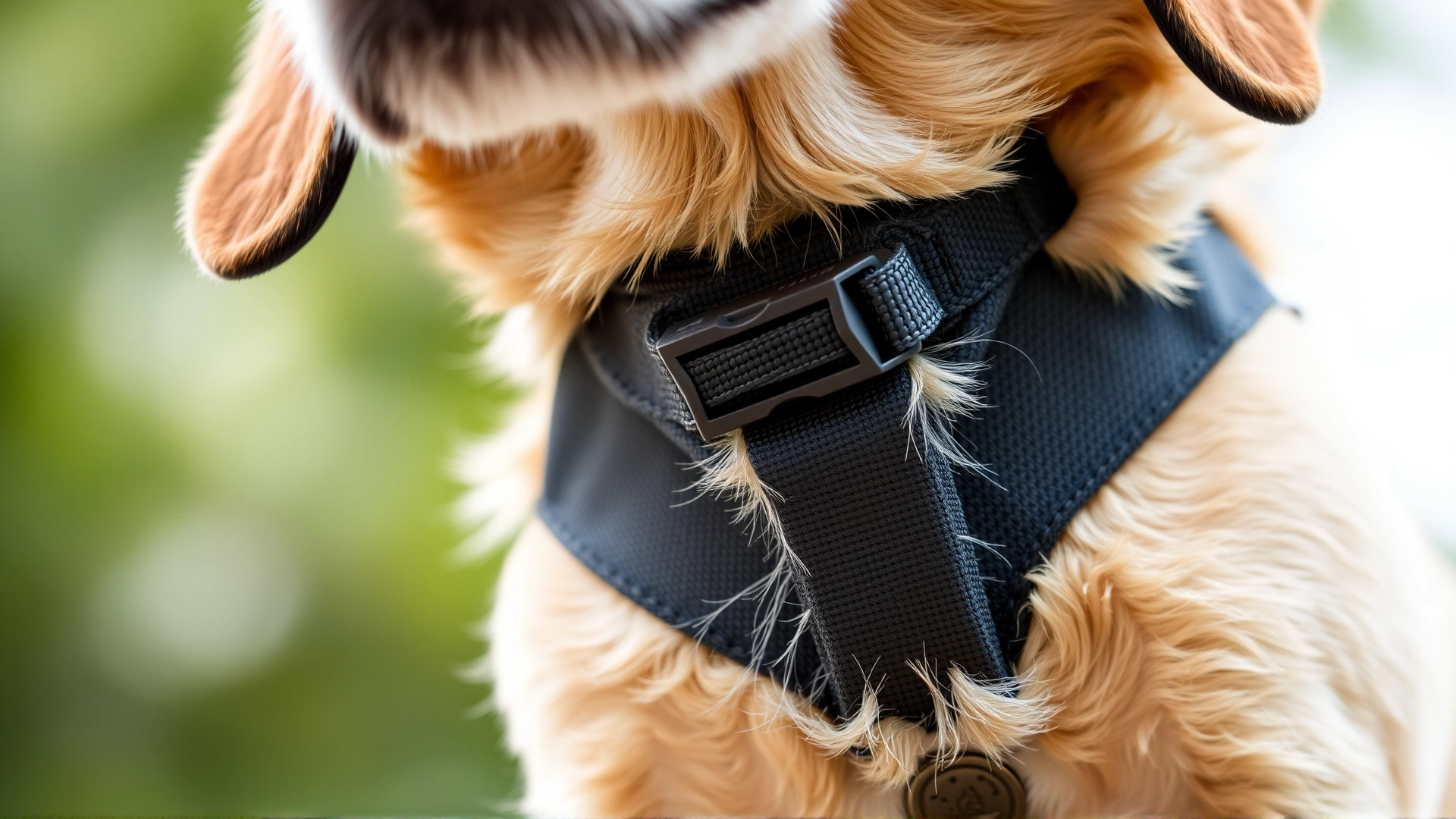 Close-up of a front-clip harness properly fitted on a friendly dog, highlighting attachment point on chest