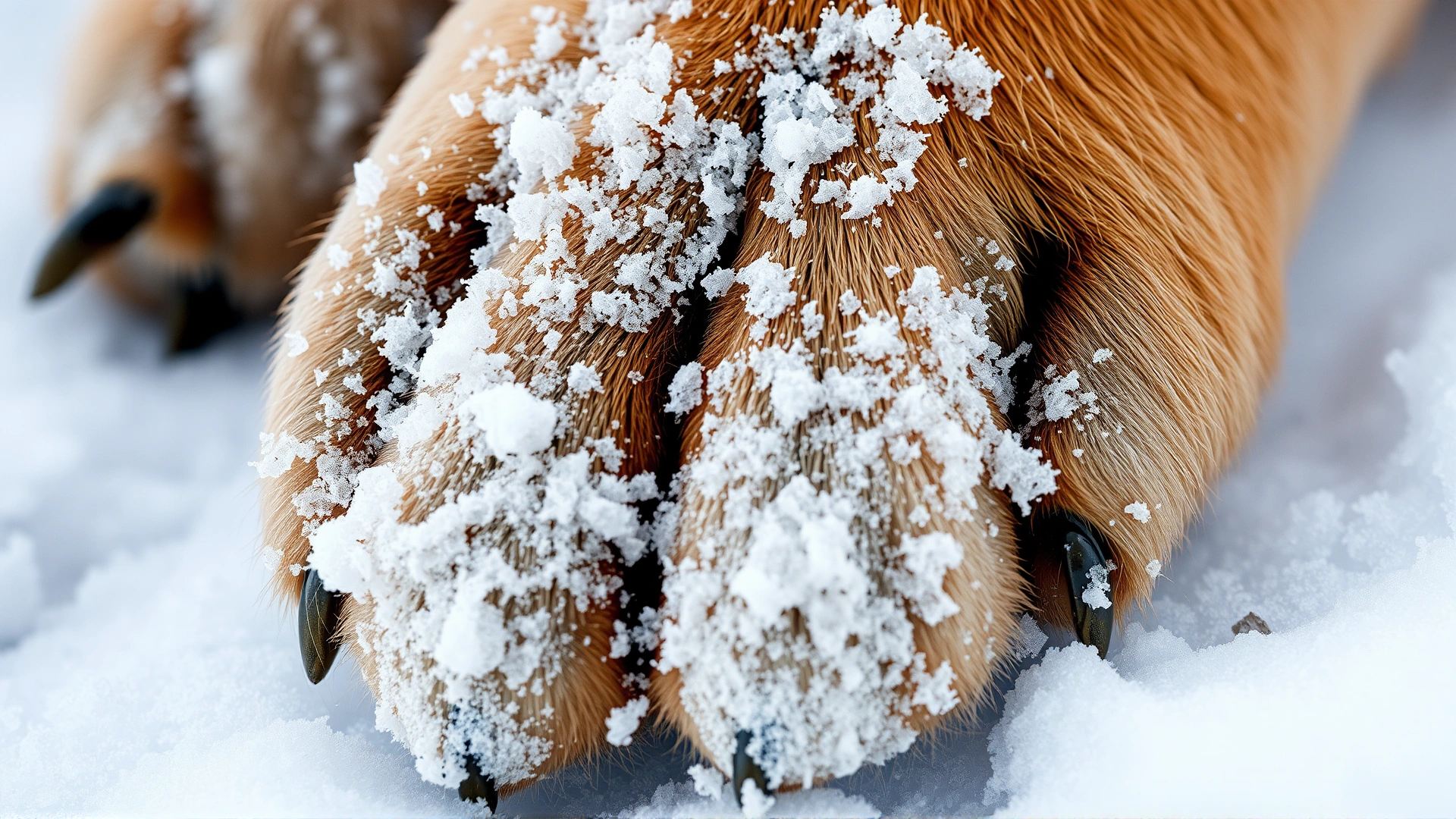Macro shot of a dog's paw pads covered with a light layer of frost and snow to illustrate frostbite-prone areas.