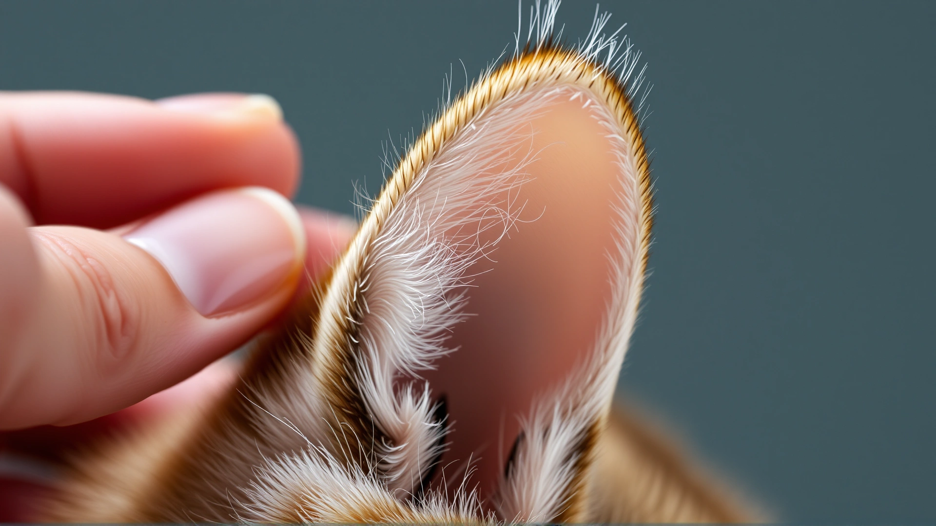 Close-up of a cat’s ear tips showing slight frostbite discoloration while a hand carefully examines them.