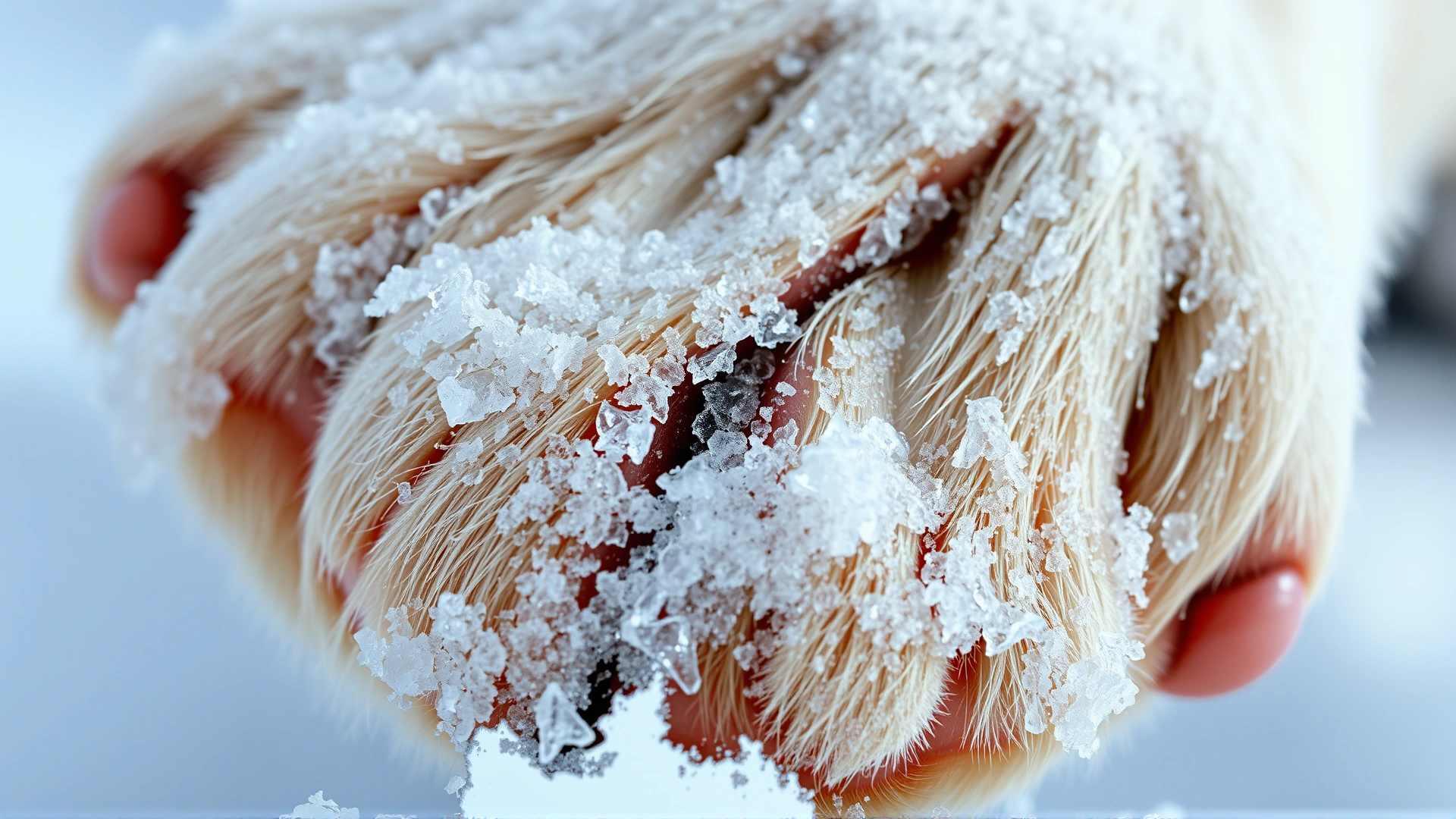 Close-up macro shot of a dog's paw with light frost and ice crystals forming between the pads, illustrating early signs of frostbite; no text