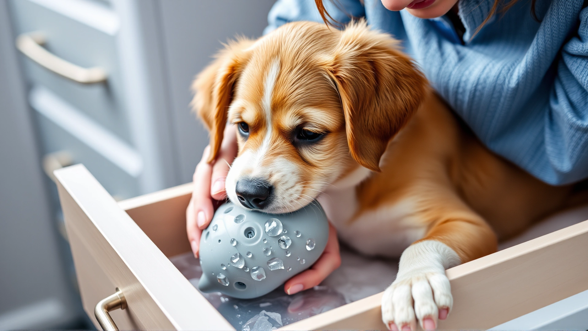 Pet parent placing a water-filled rubber toy into a freezer drawer to chill for puppy teething relief