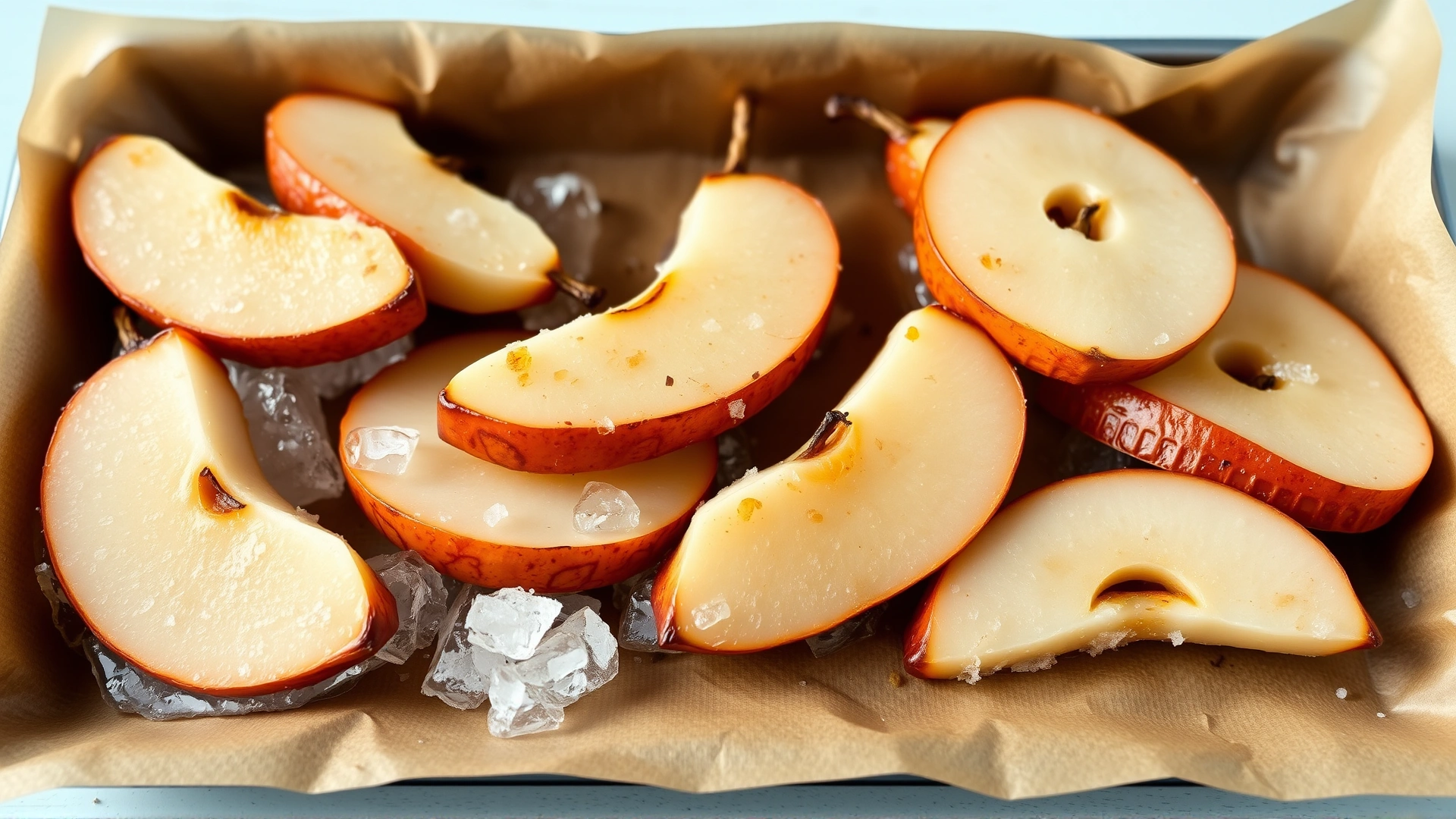 Frozen pear slices in an ice-tray style treat, placed on parchment paper, ready to serve to dogs