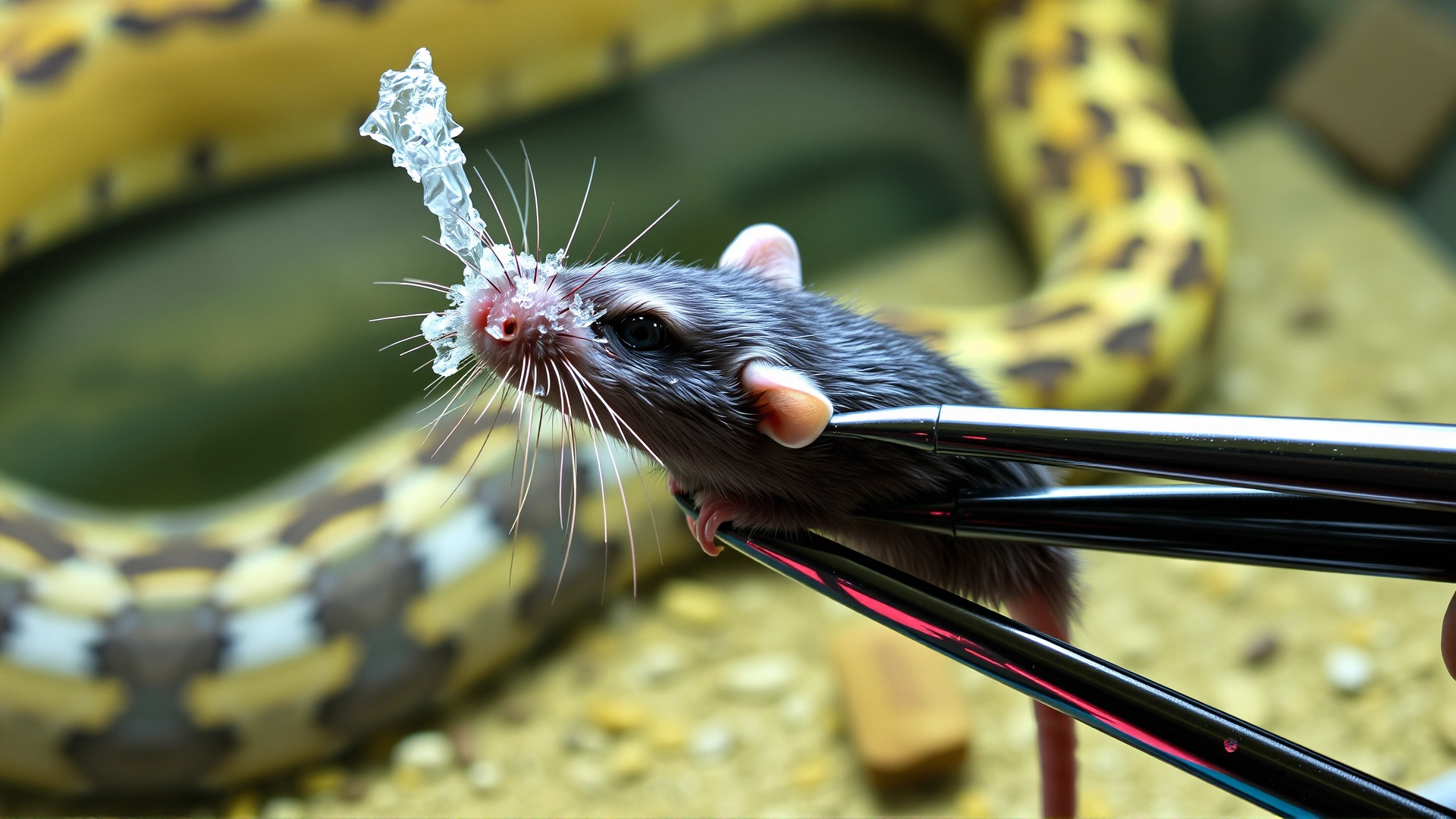 Close-up of thawed frozen mouse held by feeding tongs in front of a snake enclosure, demonstrating safer feeding practice.