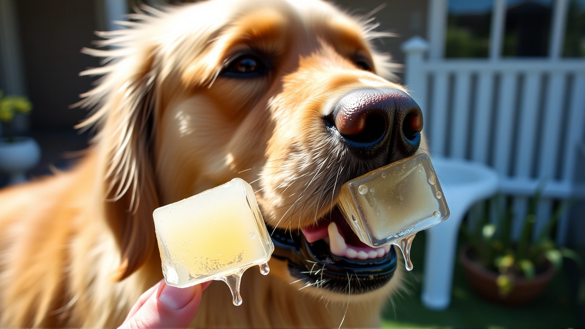 Golden retriever enjoying a frozen honeydew cube treat held by its owner in a sunny backyard, with melting droplets visible.