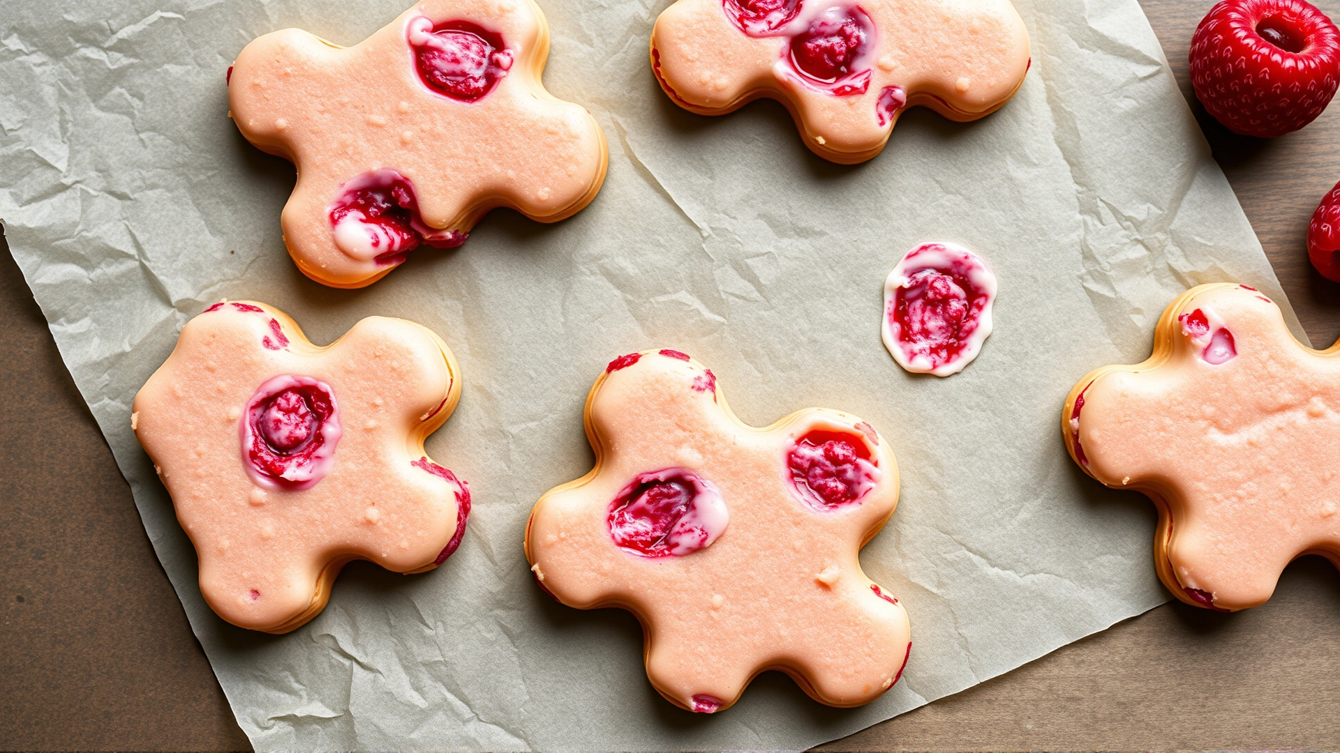 Frozen raspberry and yogurt dog treats laid out on parchment paper, bright colors and high contrast