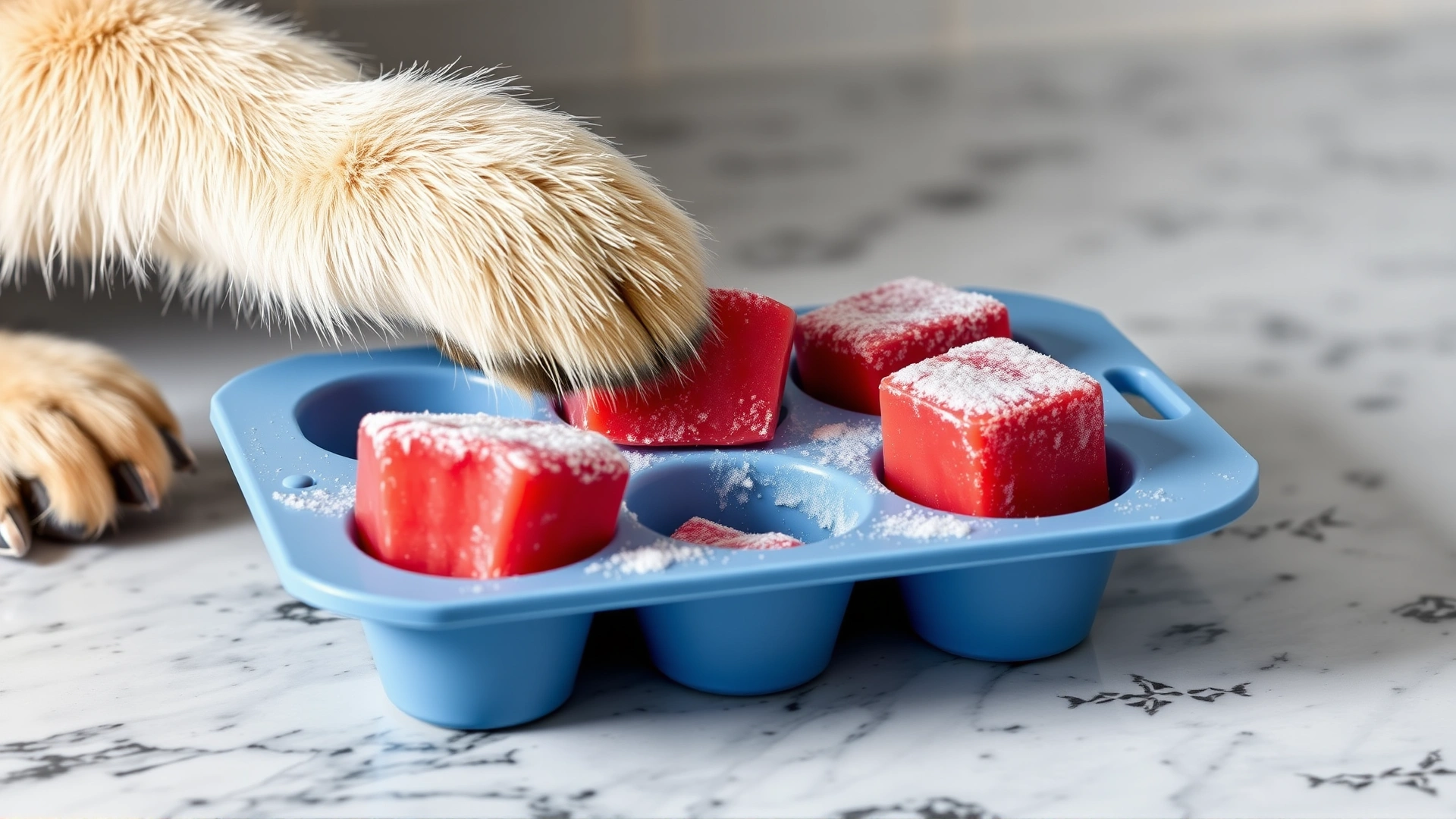 Frozen strawberry puree cubes in a silicone mold on a countertop with a dog paw reaching toward them