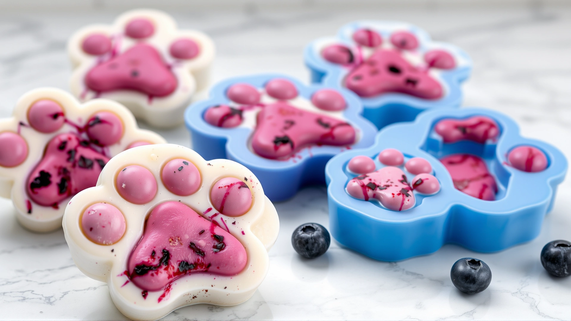 Frozen yogurt dog treats in paw-shaped molds with visible blueberries on a marble countertop