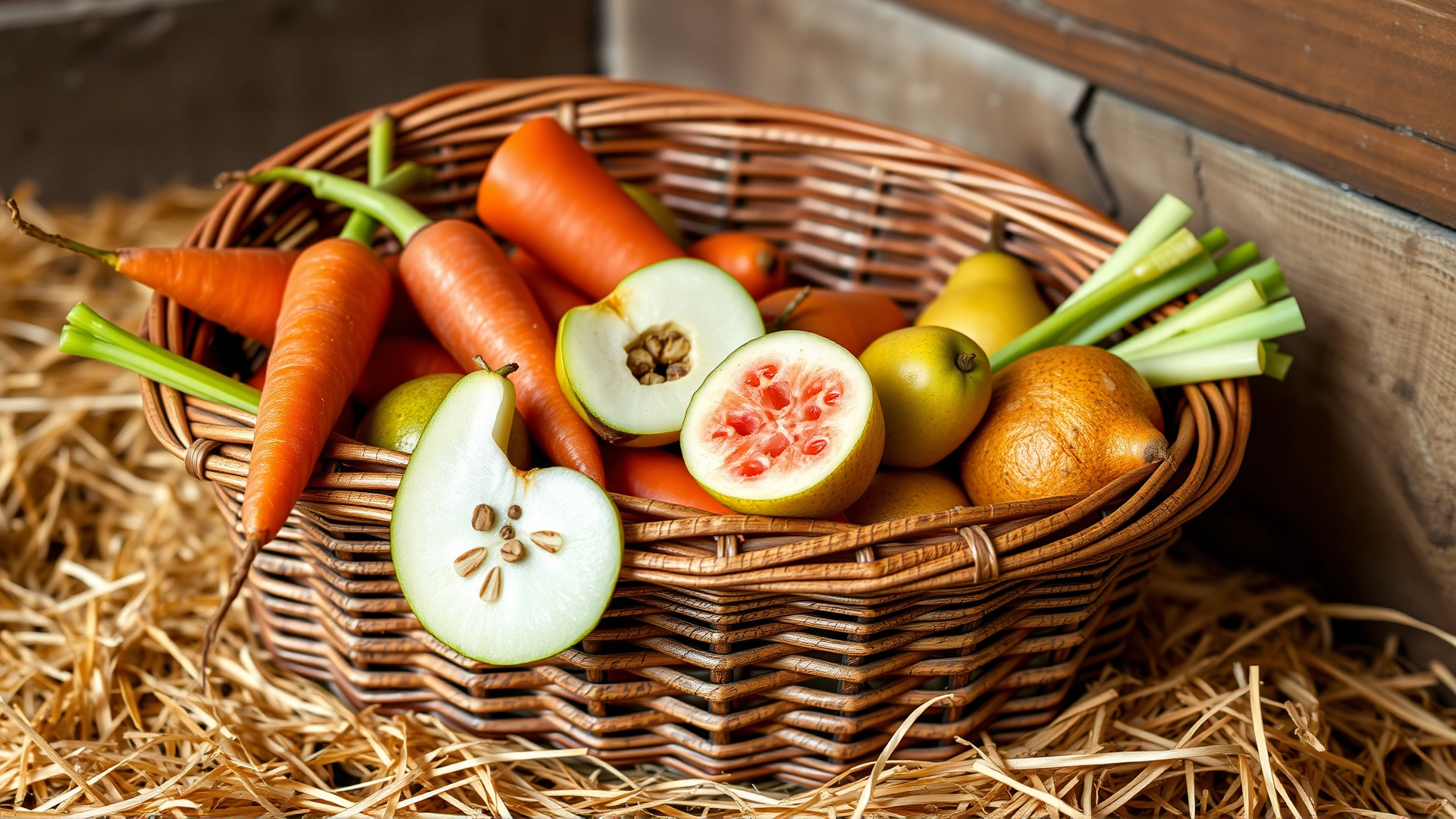 A wicker basket filled with horse-friendly fruits and vegetables such as carrots, watermelon rind, pear slices, and celery, placed on stable straw.