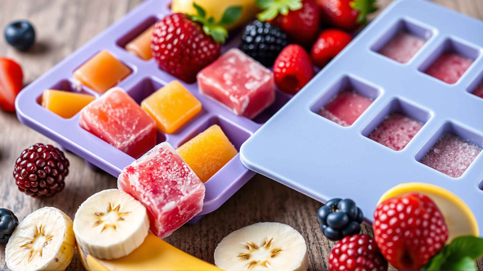 Colorful frozen fruit cubes on a silicone tray with fresh berries and banana pieces around, vibrant and appetizing, pet-safe ingredients