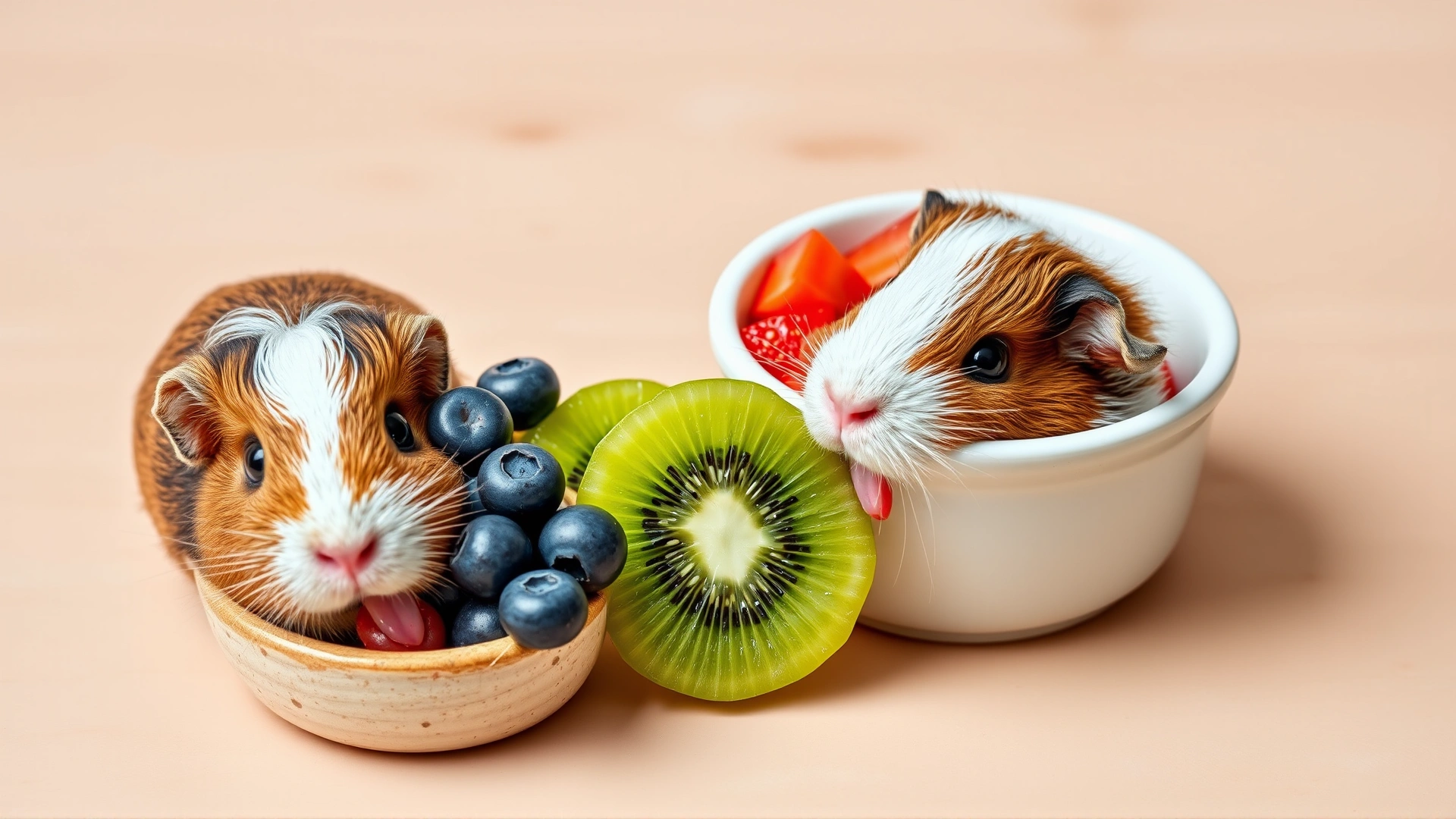 Small ceramic bowl containing chopped strawberries, blueberries, and kiwi next to a guinea pig licking the fruits.