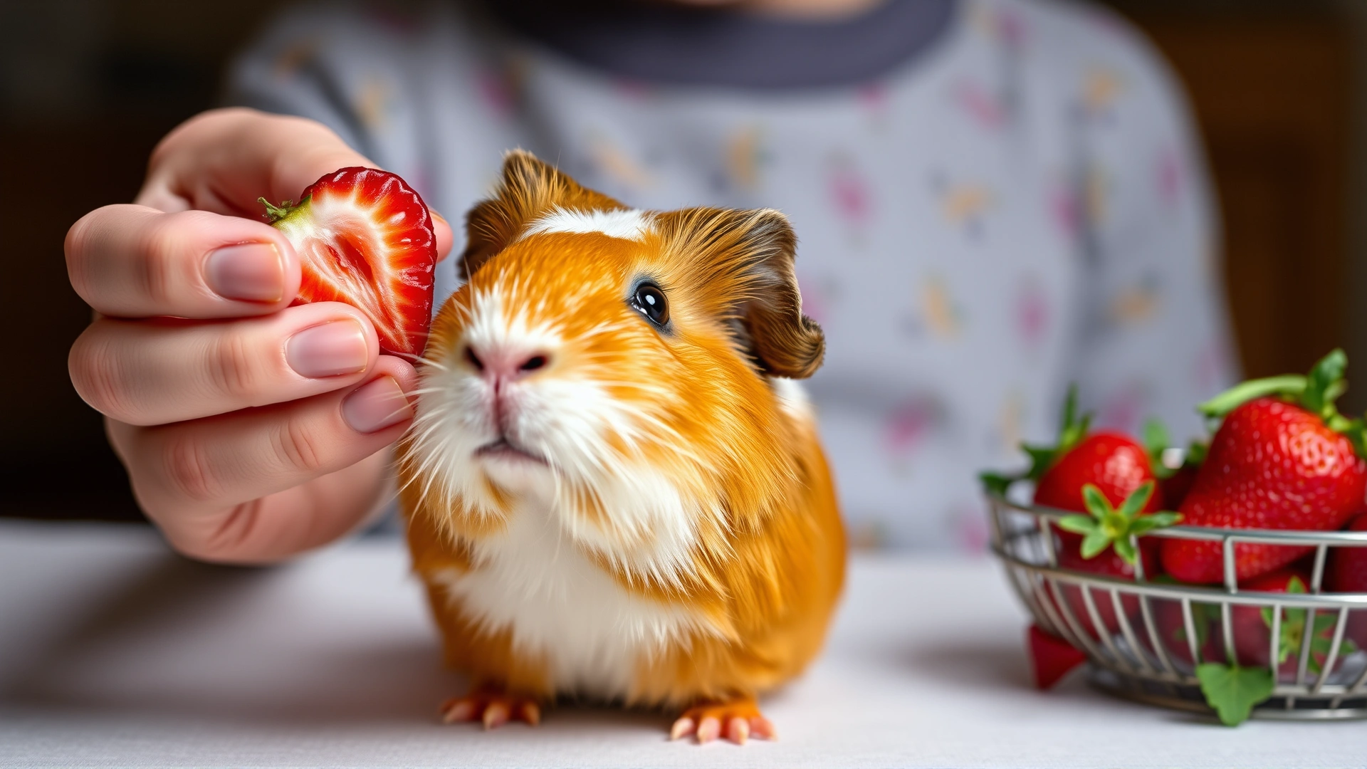 Person's hand offering a small slice of strawberry to a guinea pig as an occasional treat, bright and cheerful scene