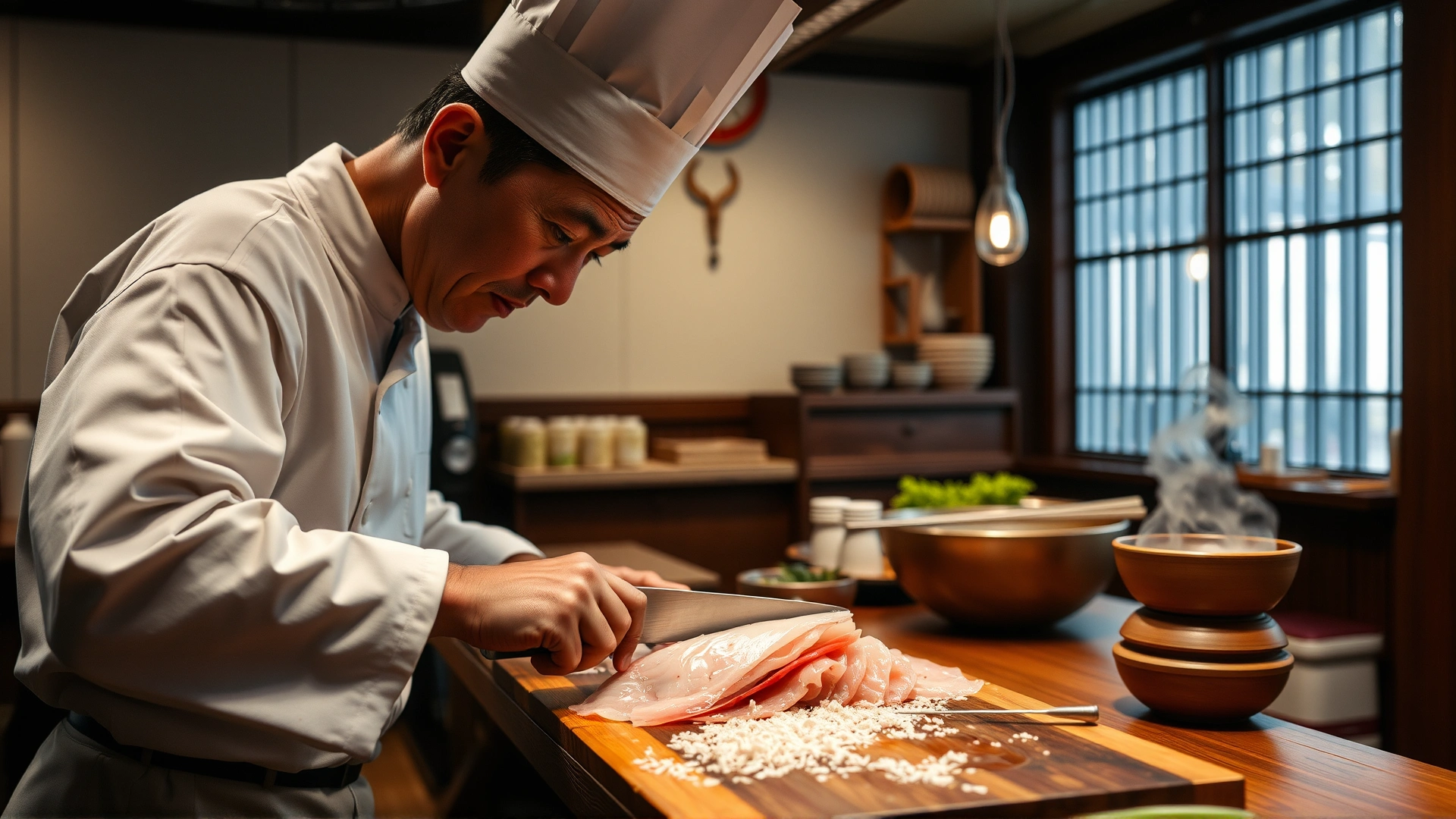 Traditional Japanese chef delicately slicing fugu sashimi on a wooden board in an authentic restaurant kitchen