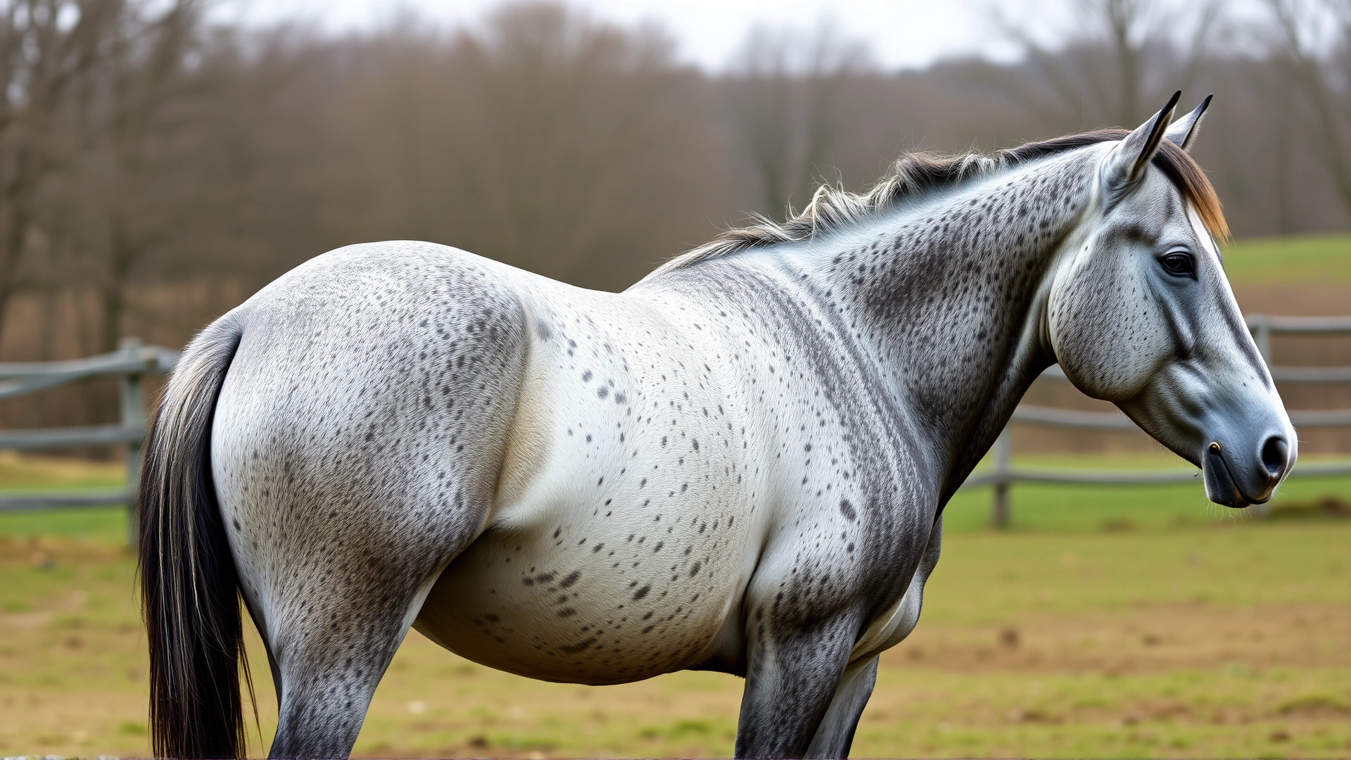 Side profile of a dapple grey horse with a fresh full-body clip standing in an outdoor paddock on an overcast day