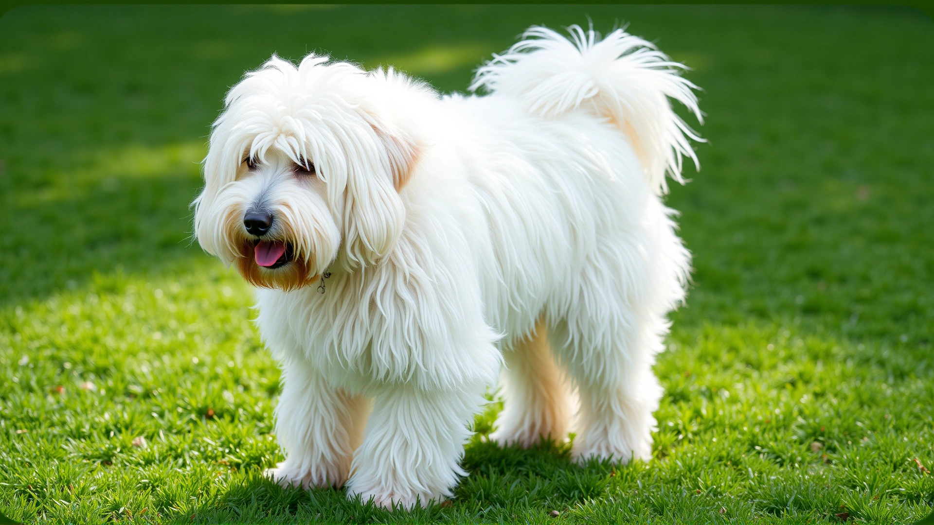 Full-body image of an adult Komondor standing on fresh green grass, clearly displaying its entire long white corded coat, bright daylight photography