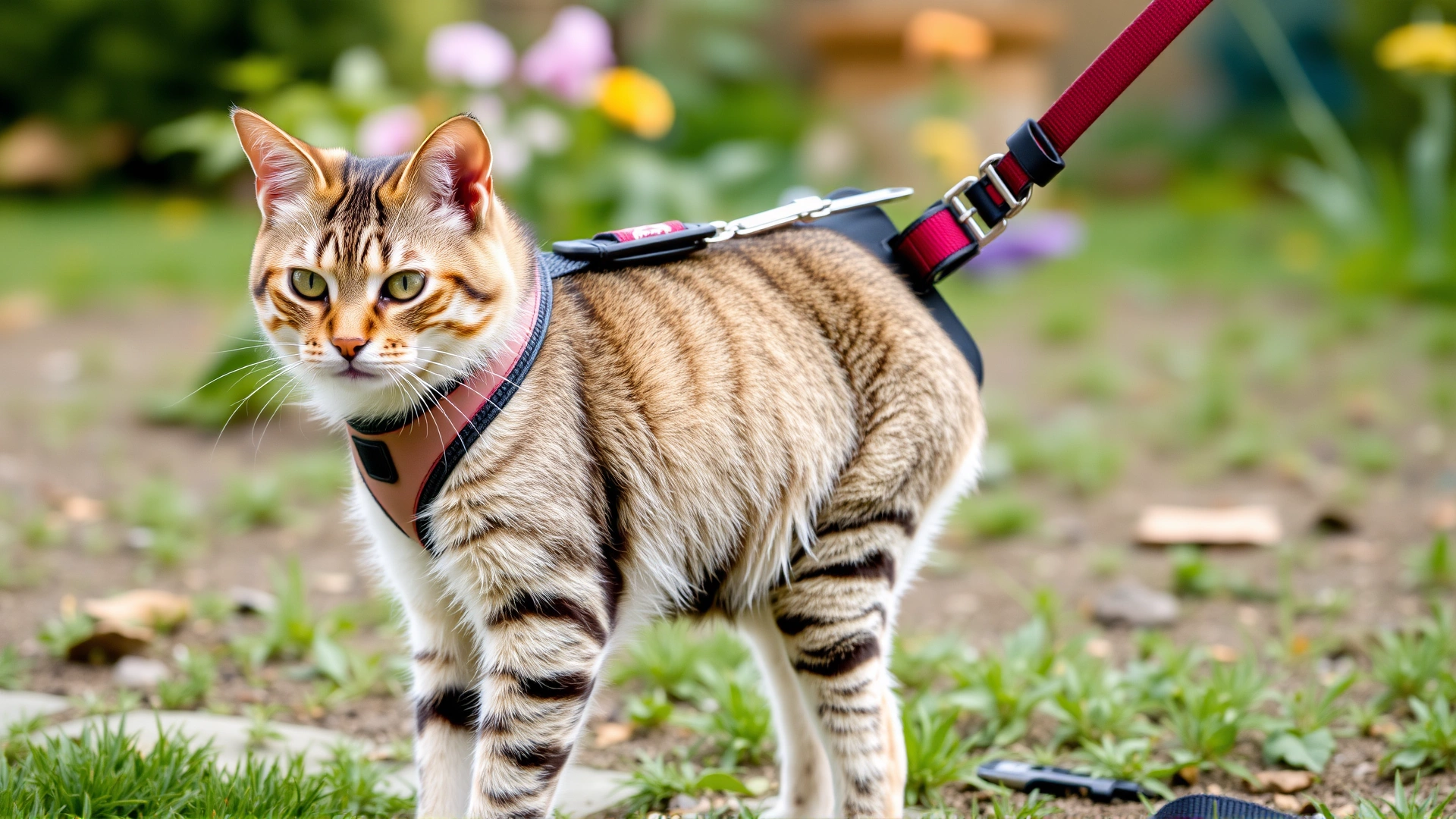 American Bobtail wearing a lightweight harness and leash outside in a garden