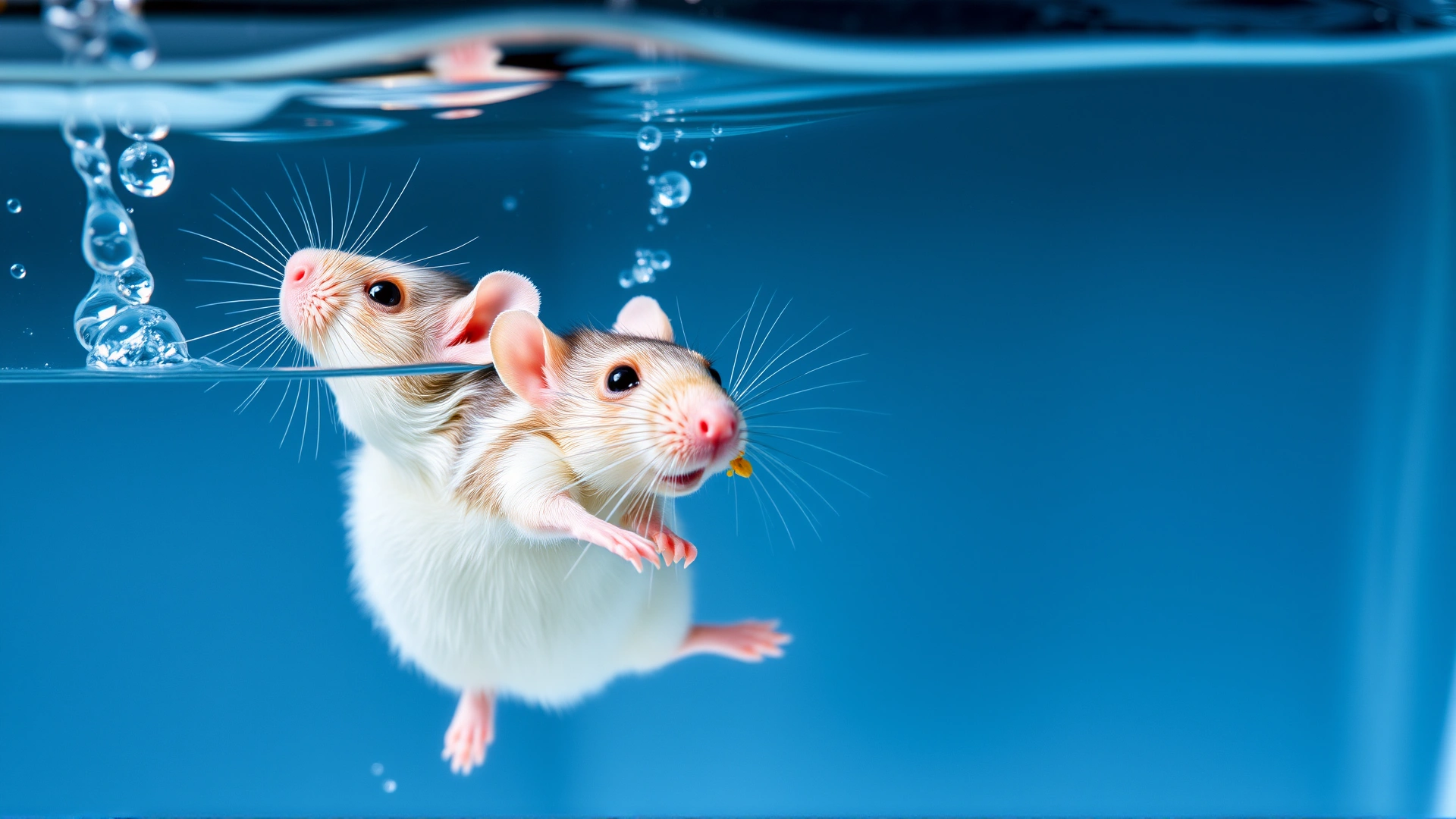 Playful pet rat swimming in a shallow clear water container, droplets splashing around, captured in high-speed photograph