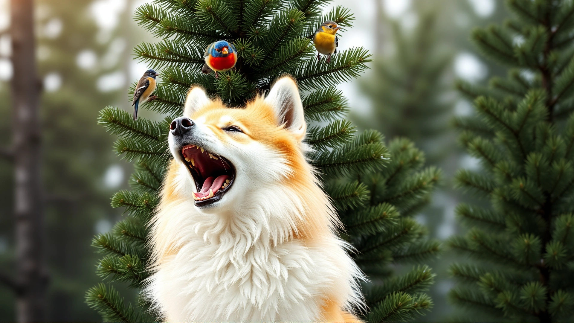 Finnish Spitz barking excitedly up a tall spruce tree with colorful birds perched above its head