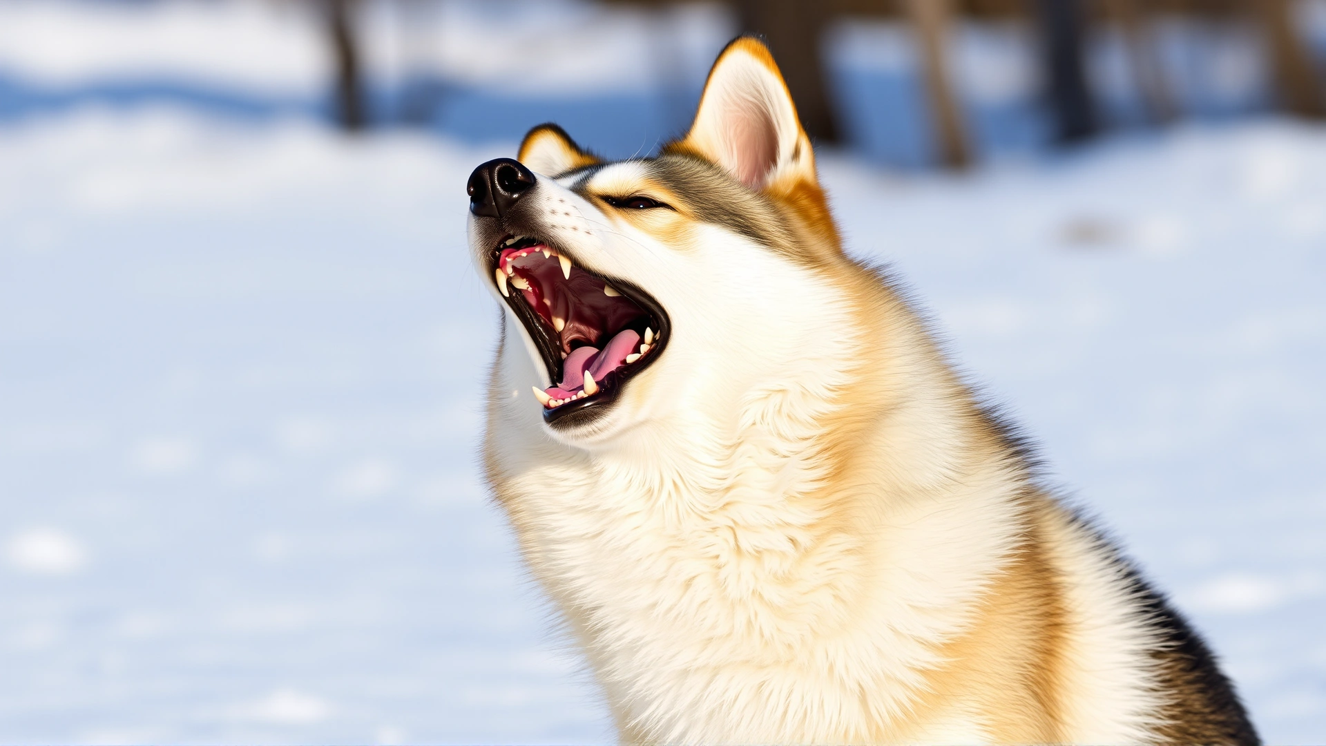 Gerberian Shepsky howling playfully in a snowy landscape, mouth open mid-howl.