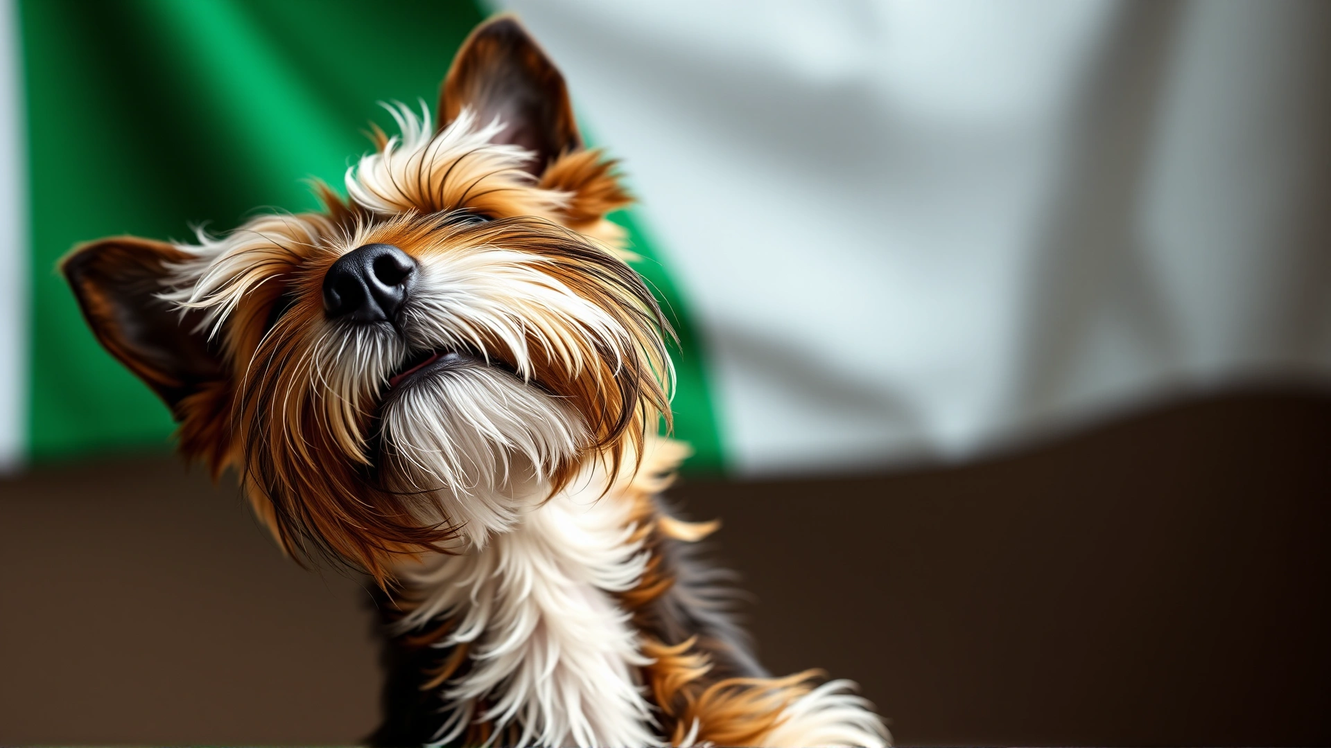 Playful close-up of a Glen of Imaal Terrier tilting its head with an Irish flag in the soft-focused background, symbolizing fun breed trivia