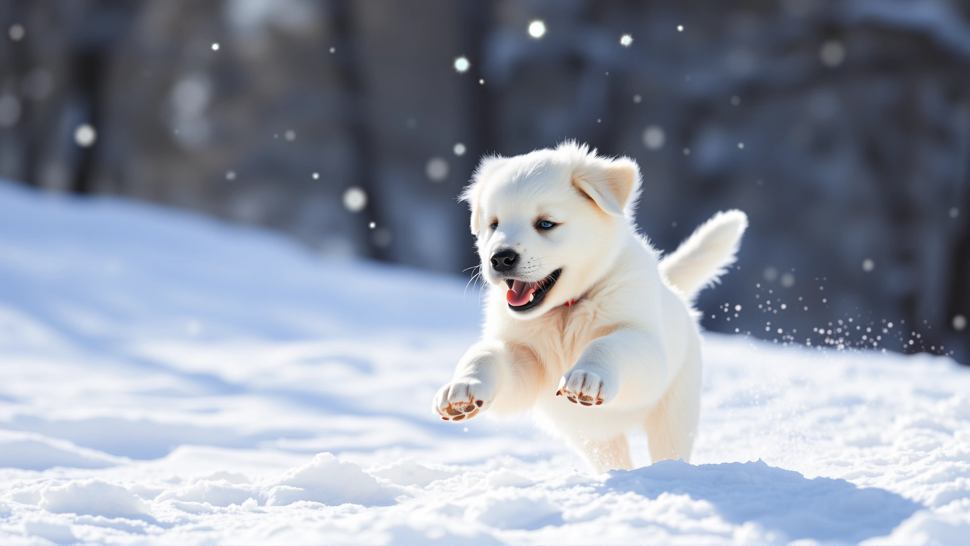 Playful Kuvasz puppy jumping in fresh white snow, snowflakes around, bright winter daylight, no text