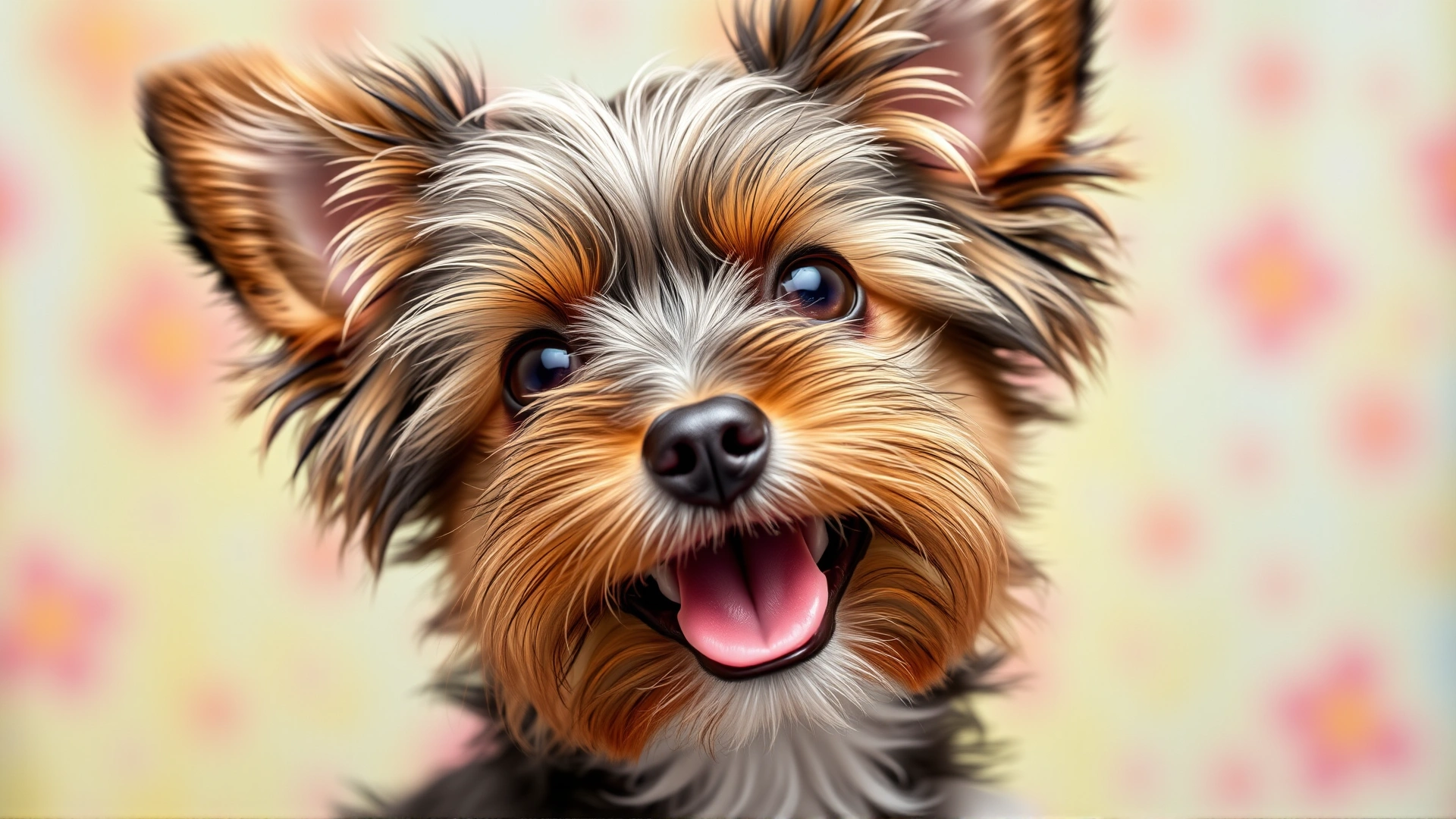 Close-up of a happy Morkie tilting its head with a colorful background, representing fun facts section