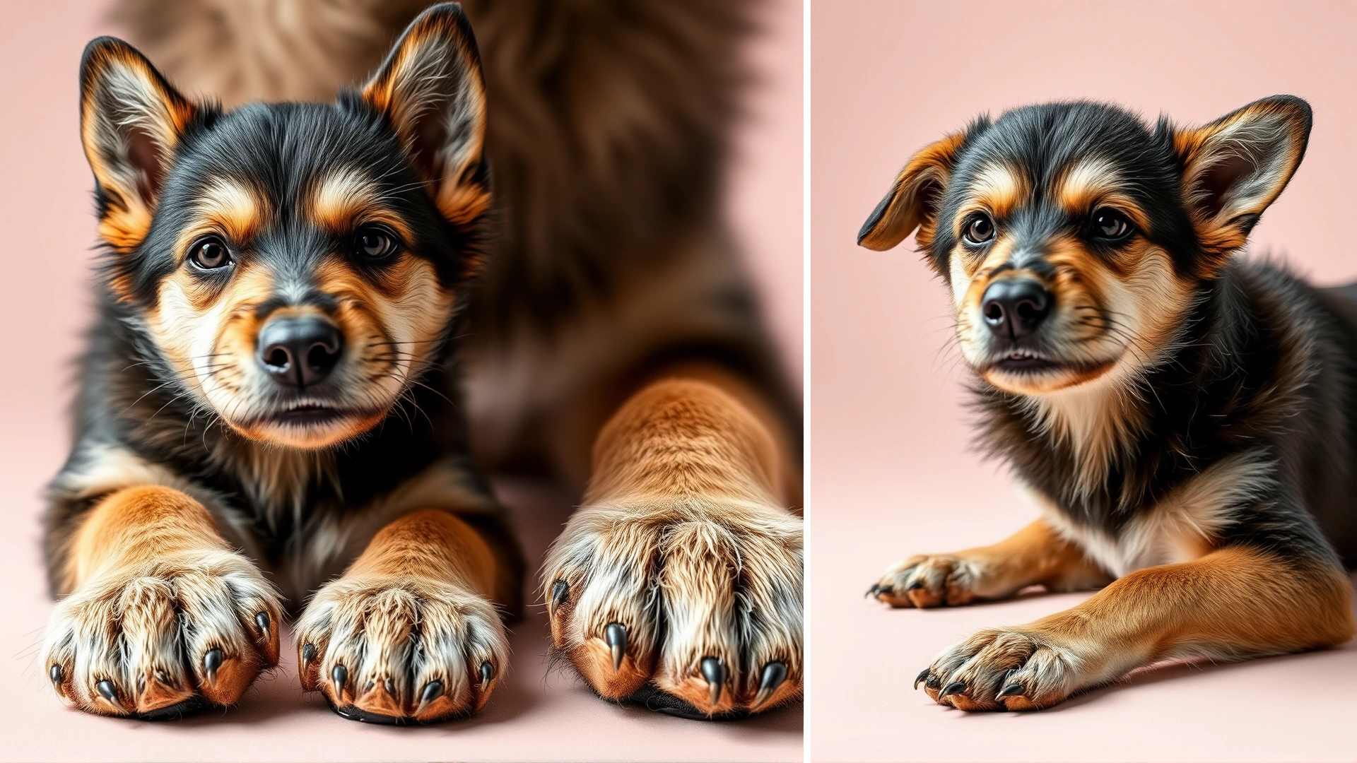 Collage of three close-up images highlighting the Lundehund's six toes, flexible neck, and ear-folding ability on a plain background